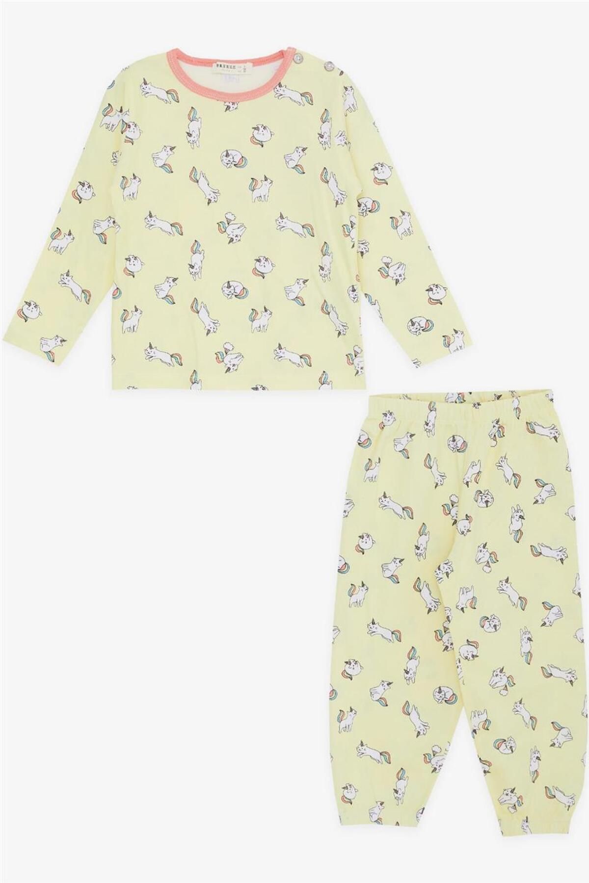 Breeze Kız Bebek Pijama Takımı Kedicorn Desenli , Sarı