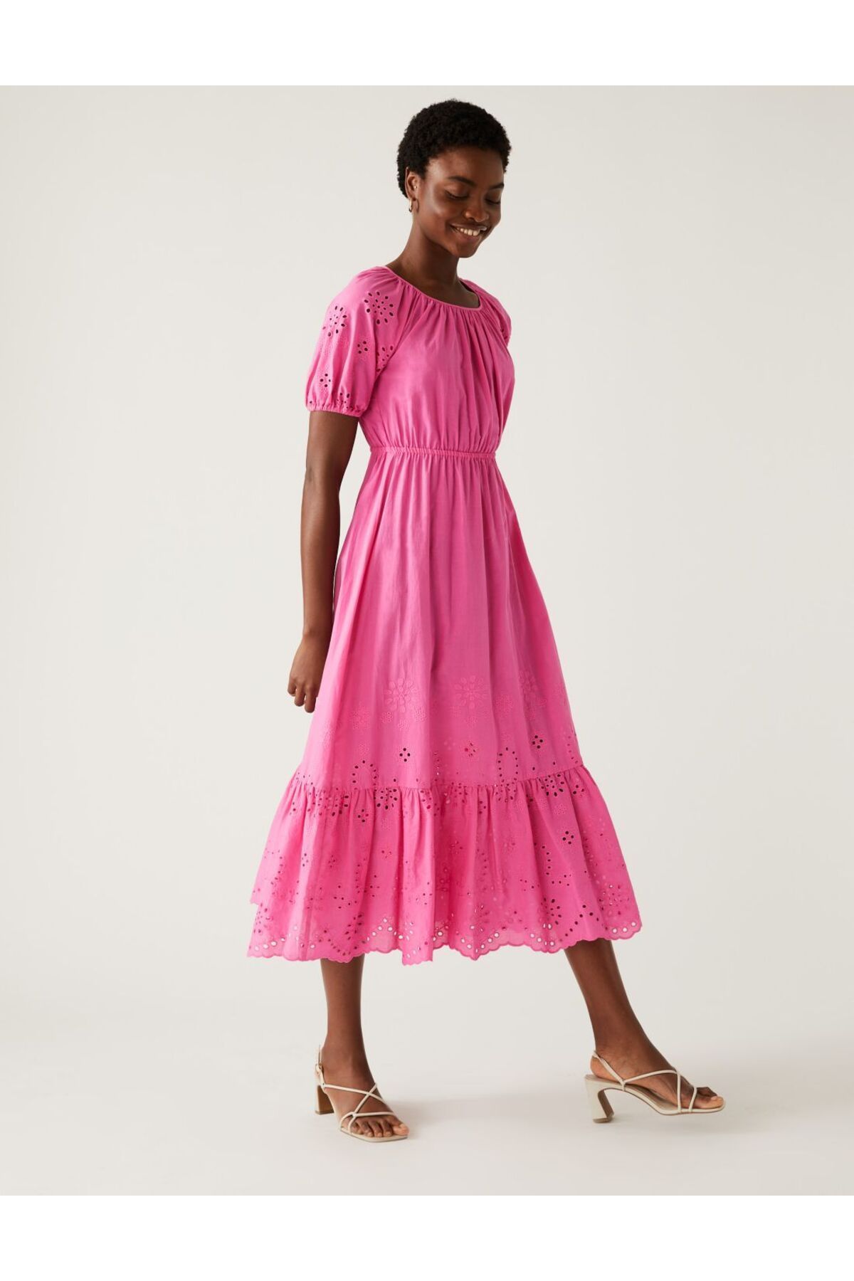 Marks & Spencer Saf Pamuklu Işleme Detaylı Midi Elbise
