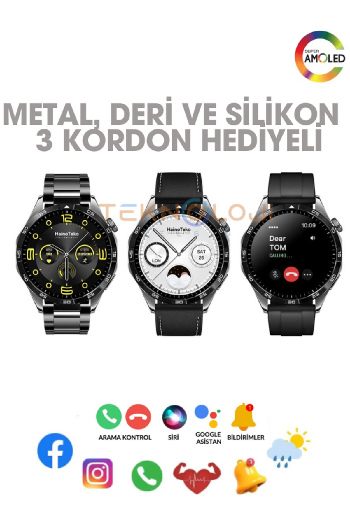 Teknoloji Gelsin GT4 Akıllı Saat Yuvarlak Kasa Amoled Ekran Smart Watch Türkçe Menü Ios ve Android Uyum 3 Kordonlu