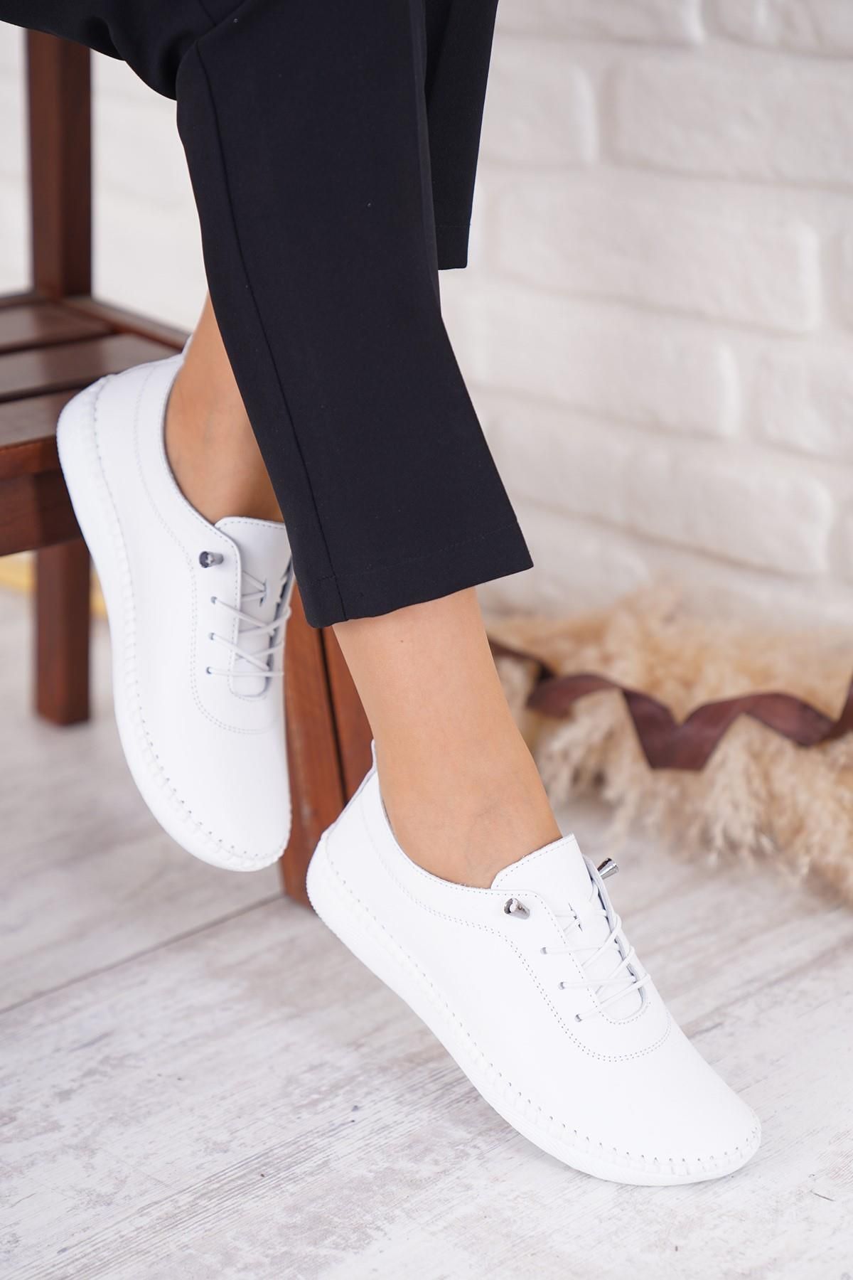 Moda Pie Negade Taban Dikmeli Hakiki Deri Kadın Ayakkabı Beyaz Cilt