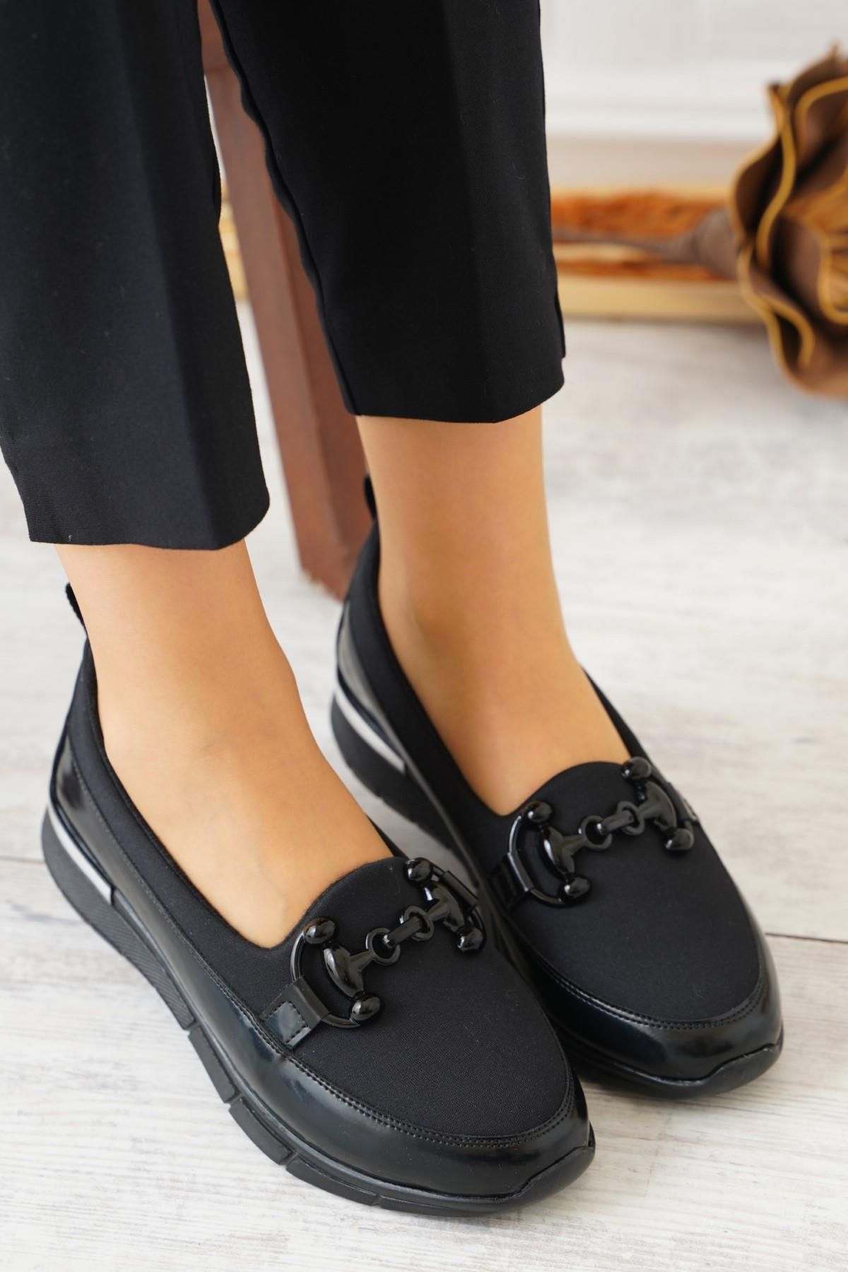 Moda Pie Lelay Geçme Toka Kadın Spor Ayakkabı Siyah Rugan