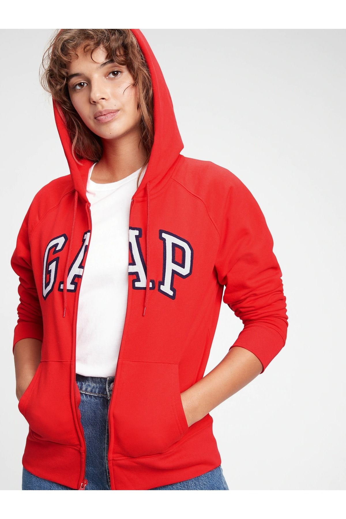 GAP Kadın Kırmızı Logo Fermuarlı Sweatshirt