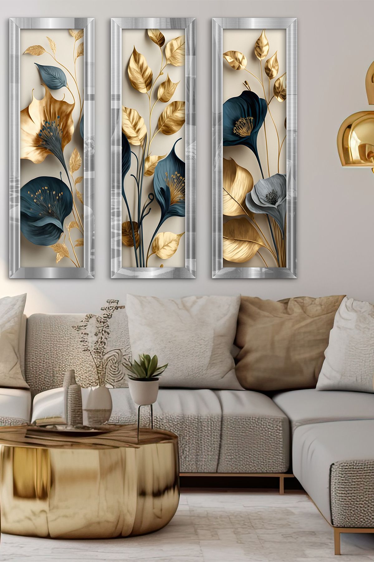 Evinemoda Zarif Altın ve Mavi Çiçekler ile Dallar Gümüş Pleksi Aynalı 3 Parça Tablo