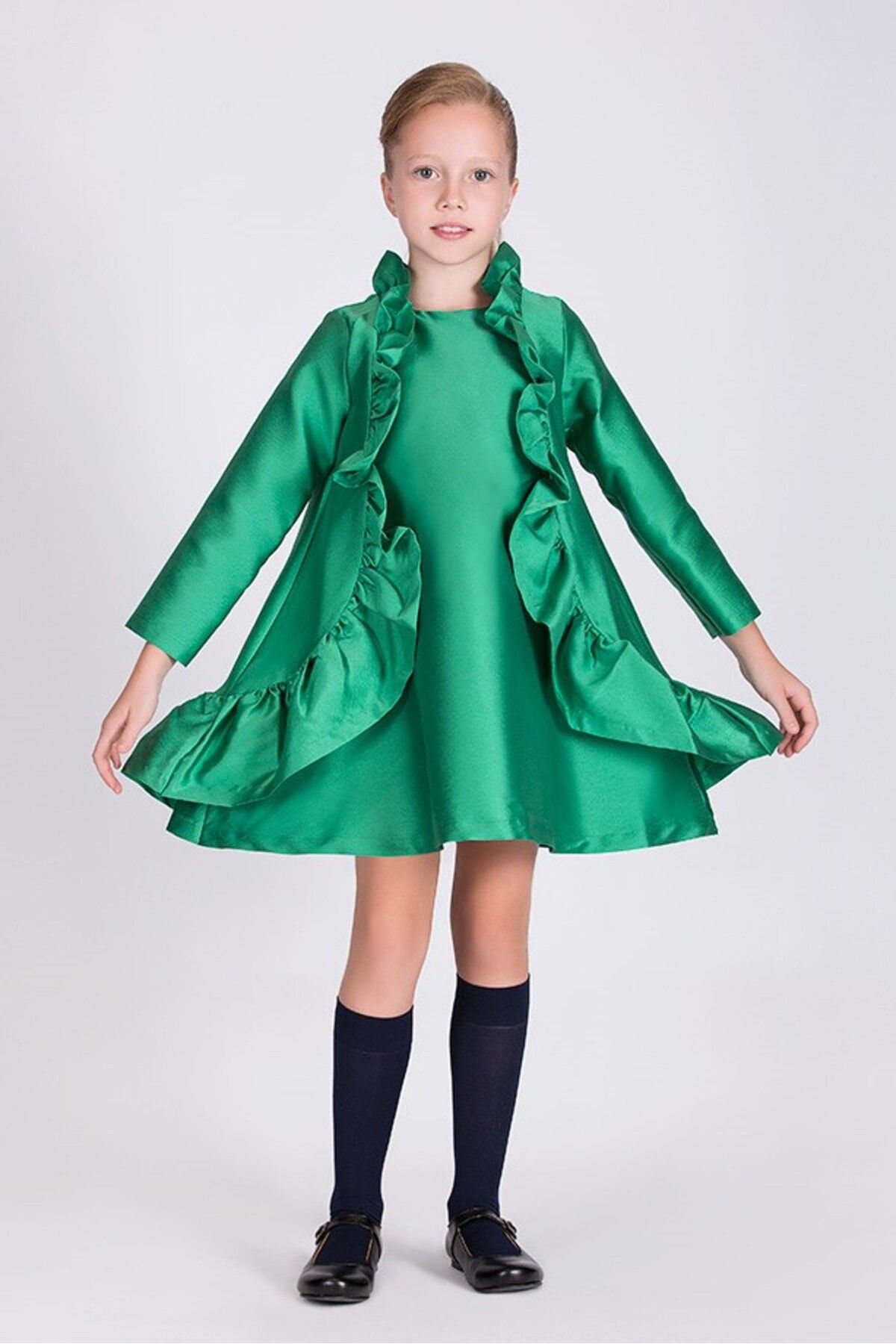 Goose Kız Çocuk Fırfırlı Büzgülü Bol Kesim Yeşil Elbise