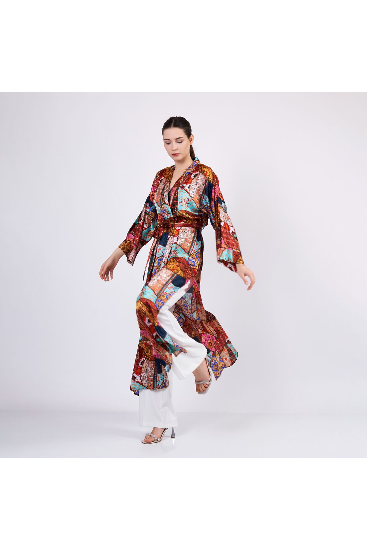 Nomads Felt İpek Uzun Kimono Kaftan | Etnik Desen 1 | Nomads Felt