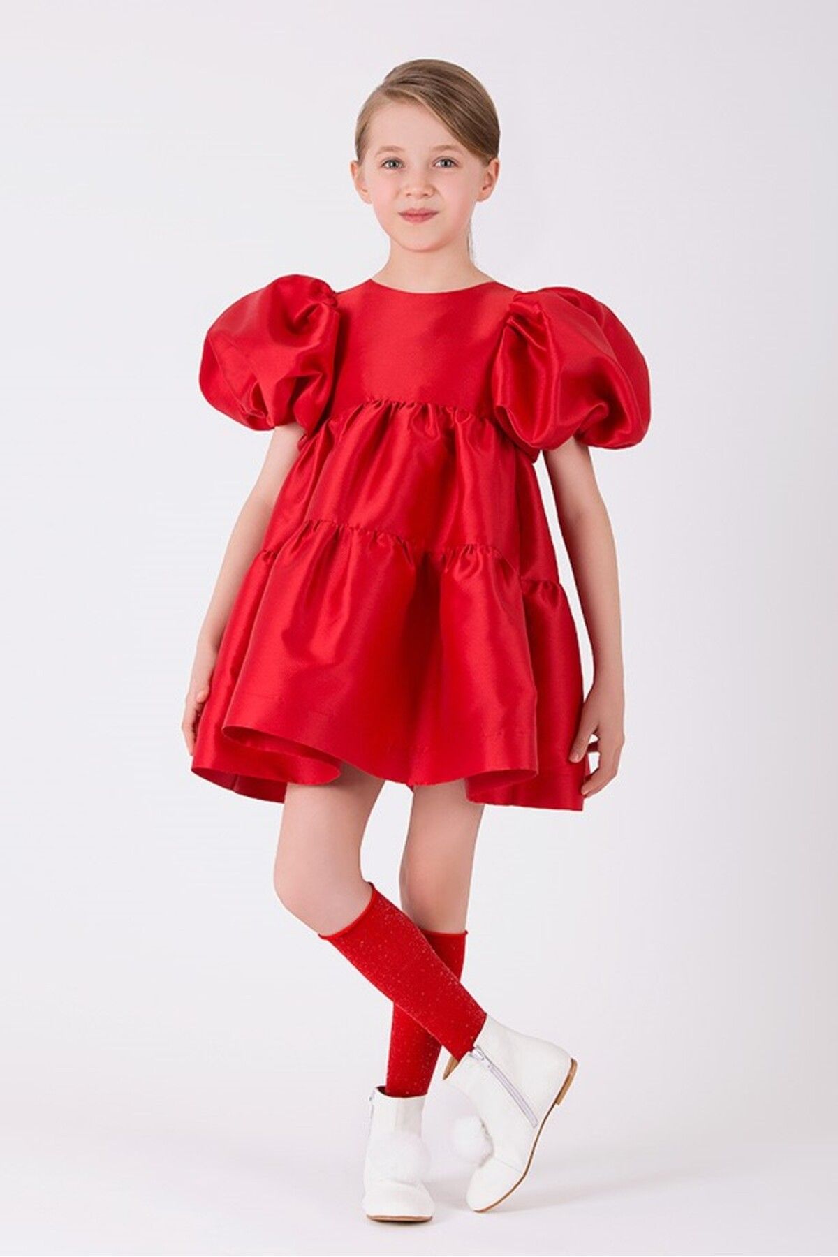 Goose Kız Çocuk Balon Kollu Bol Kesim Arkası Bağlamalı Kırmızı Elbise