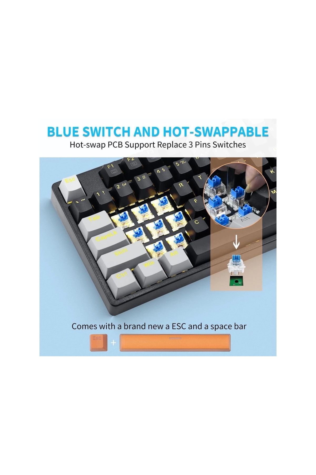 e-yooso Z87 Mekanik Klavye Blue Switch Tuşlar Siyah, Gri Ve Turuncu 9 Farklı Işık Modu Hot Swap