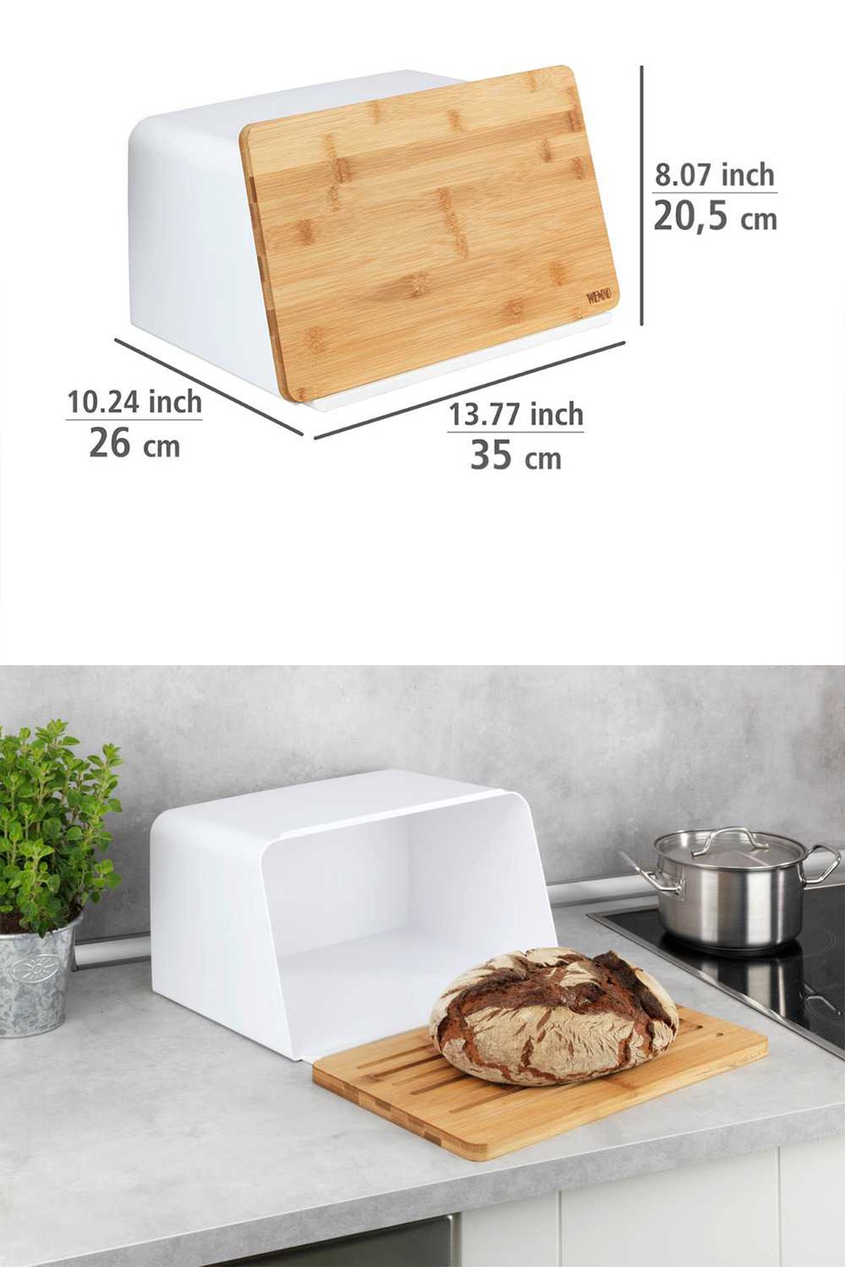 Saban WENKO Bambu tahtalı ekmek kutusu, kapak olarak entegre bambu kesme tahtalı beyaz ekmek kutusu