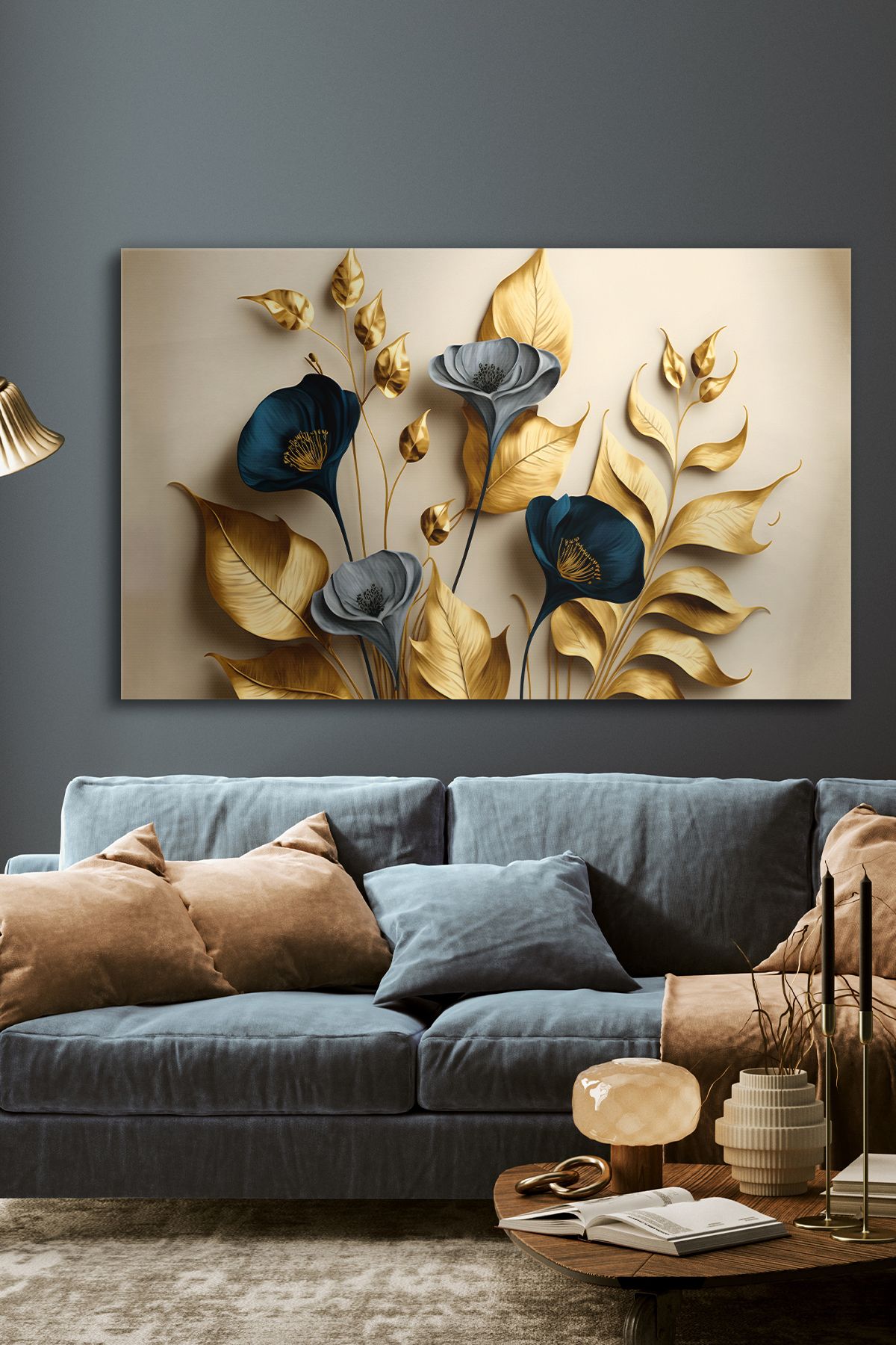 Evinemoda Zarif Altın ve Mavi Çiçekler ile Dallar Tek Parça Kanvas - Canvas Tablo
