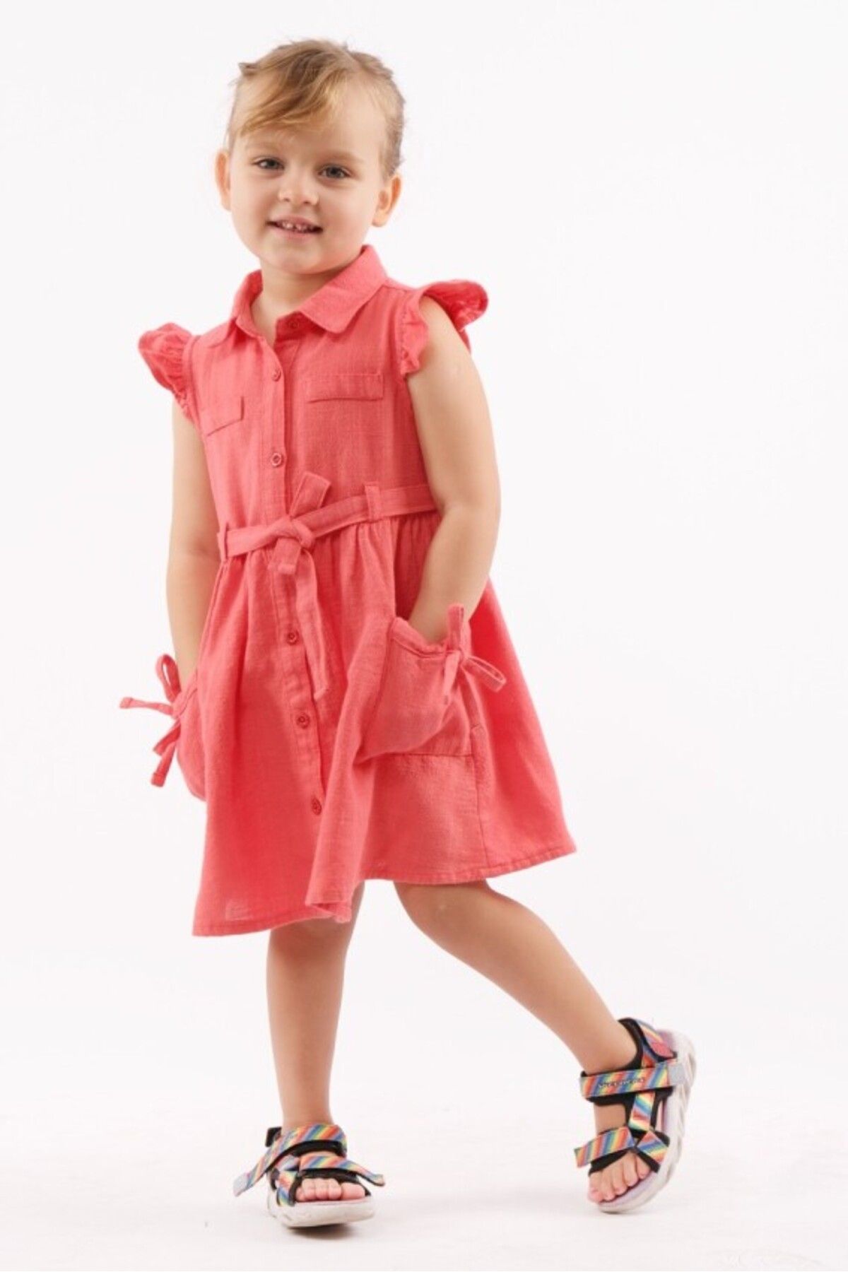 DIDuStore Varol Kids Nar Çiçeği Cep Detaylı ve Kemerli Şirin Kız Çocuk Elbisesi