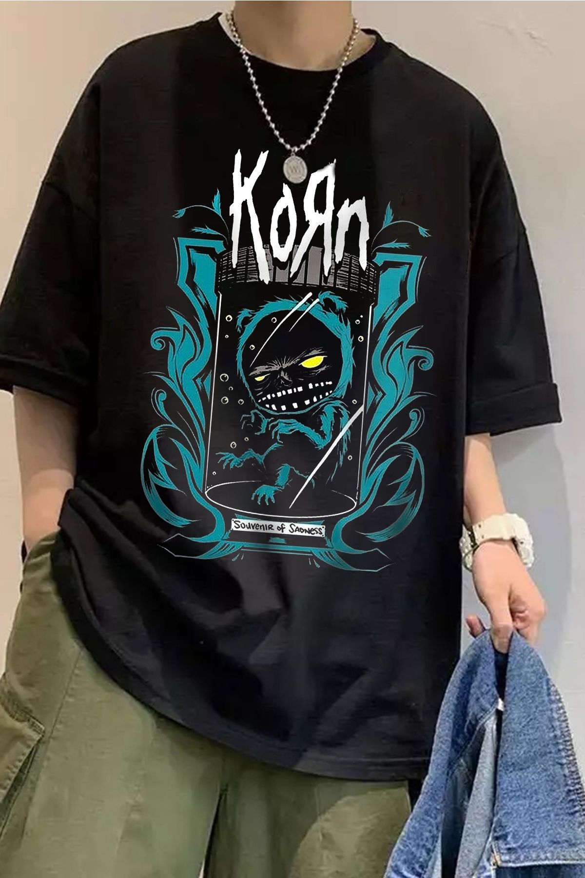 Freak Tshirt Siyah Renk Korn Baskılı Unisex Oversize Kesim Metal-Rock T-shirt