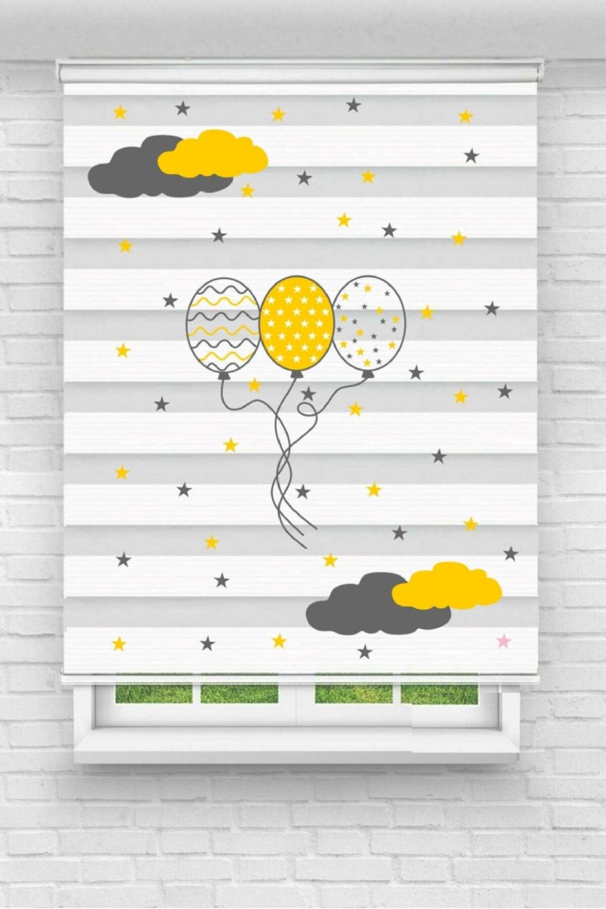 Grande Sarı Balonlar Gri Bulut Yıldız Bebek Çocuk Odası Dijital Baskılı Zebra Perde LA-1010