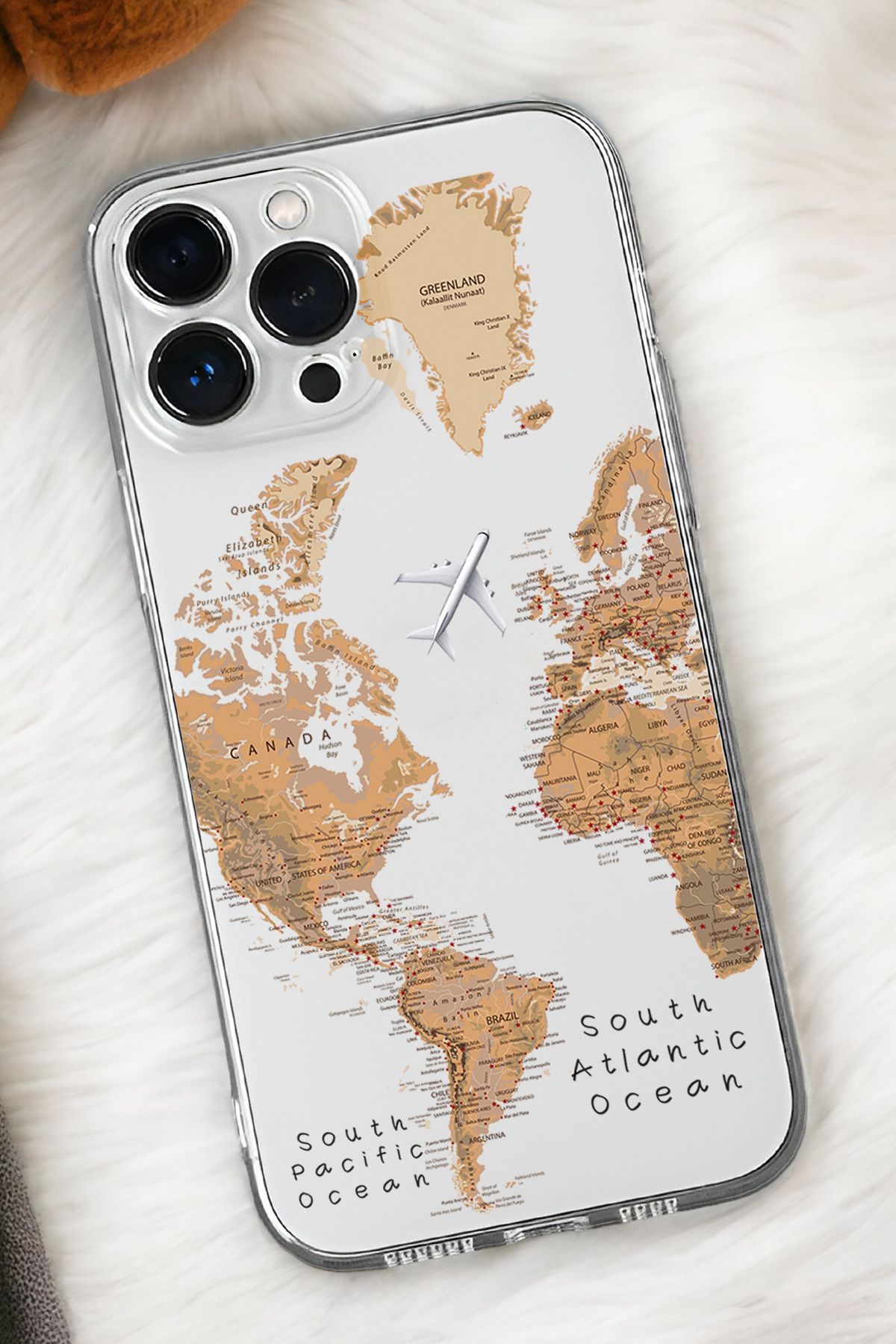 mooodcase iPhone 15 Pro Max Uyumlu Dünya Harita Desenli Premium Silikonlu Şeffaf Telefon Kılıfı