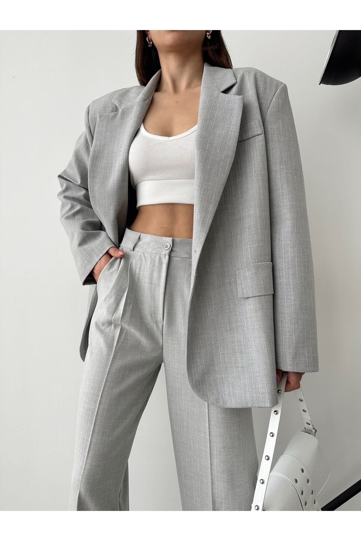AÈC PRIVÈ Kadın Çizgili Içi Astarlı Blazer Ceket Pantolon Takım 5555