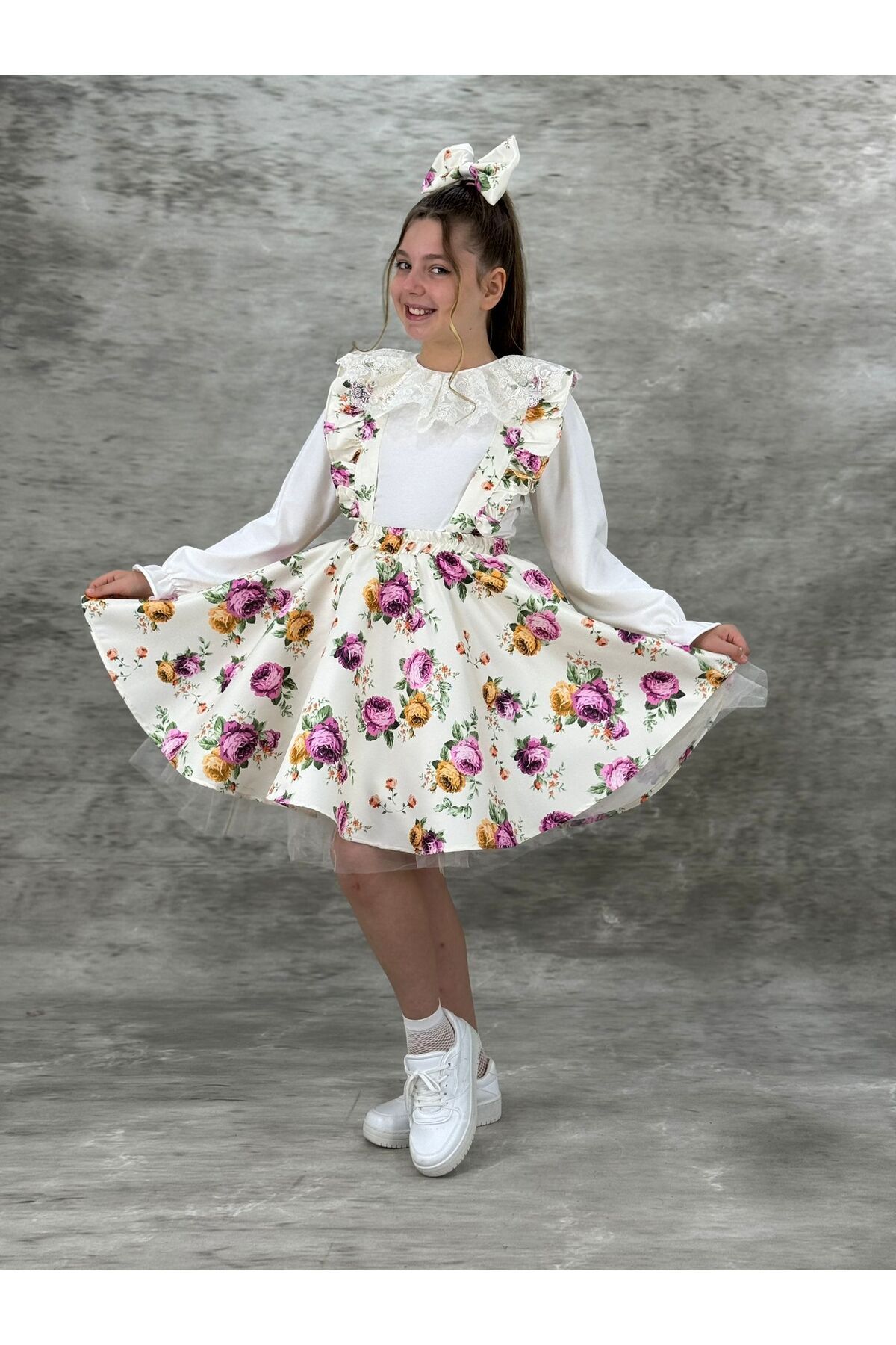 Pumpido Çiçekli Kız Çocuk Etekli Elbise