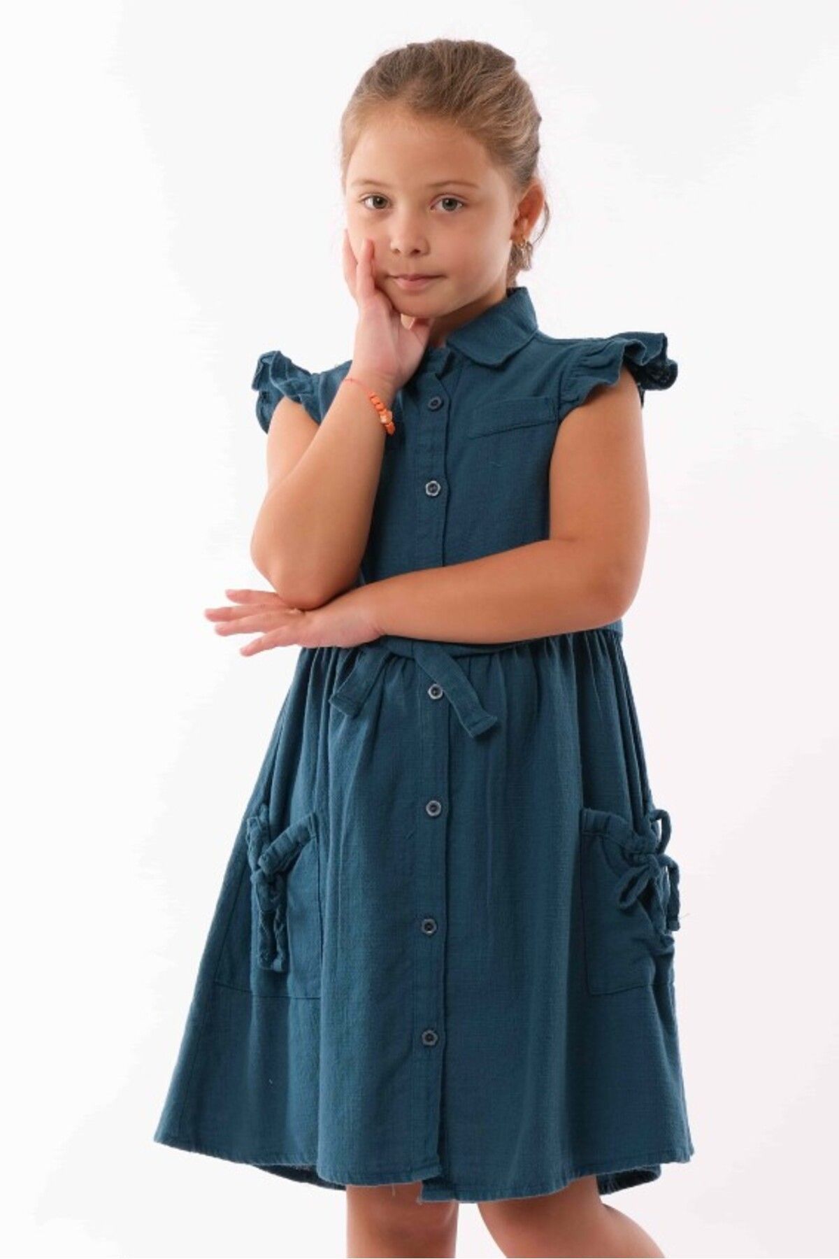 DIDuStore Varol Kids Petrol Mavi Cep Detaylı ve Kemerli Şirin Kız Çocuk Elbisesi