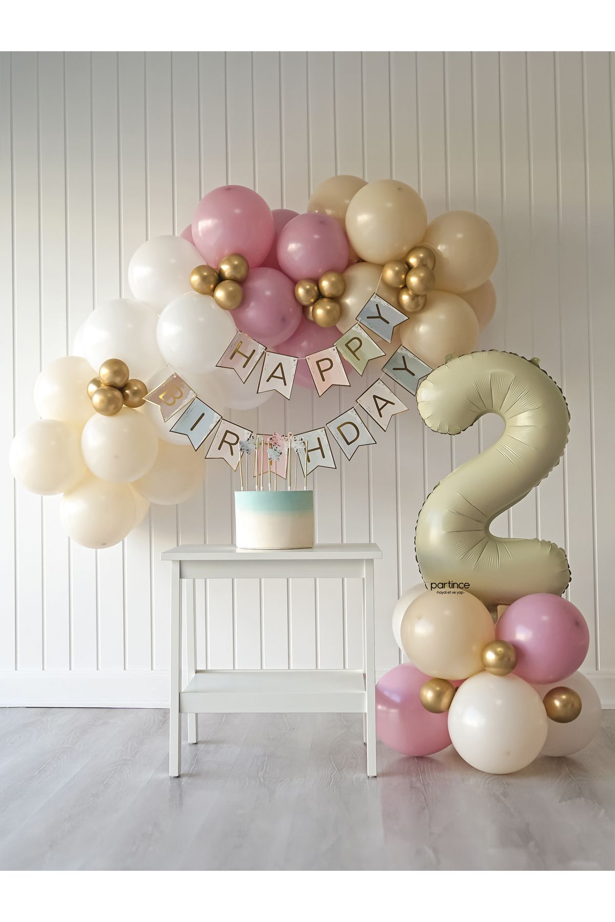 partince 2 Yaş Balonu Doğum Günü Balon Zinciri Mini Krem Parti Seti