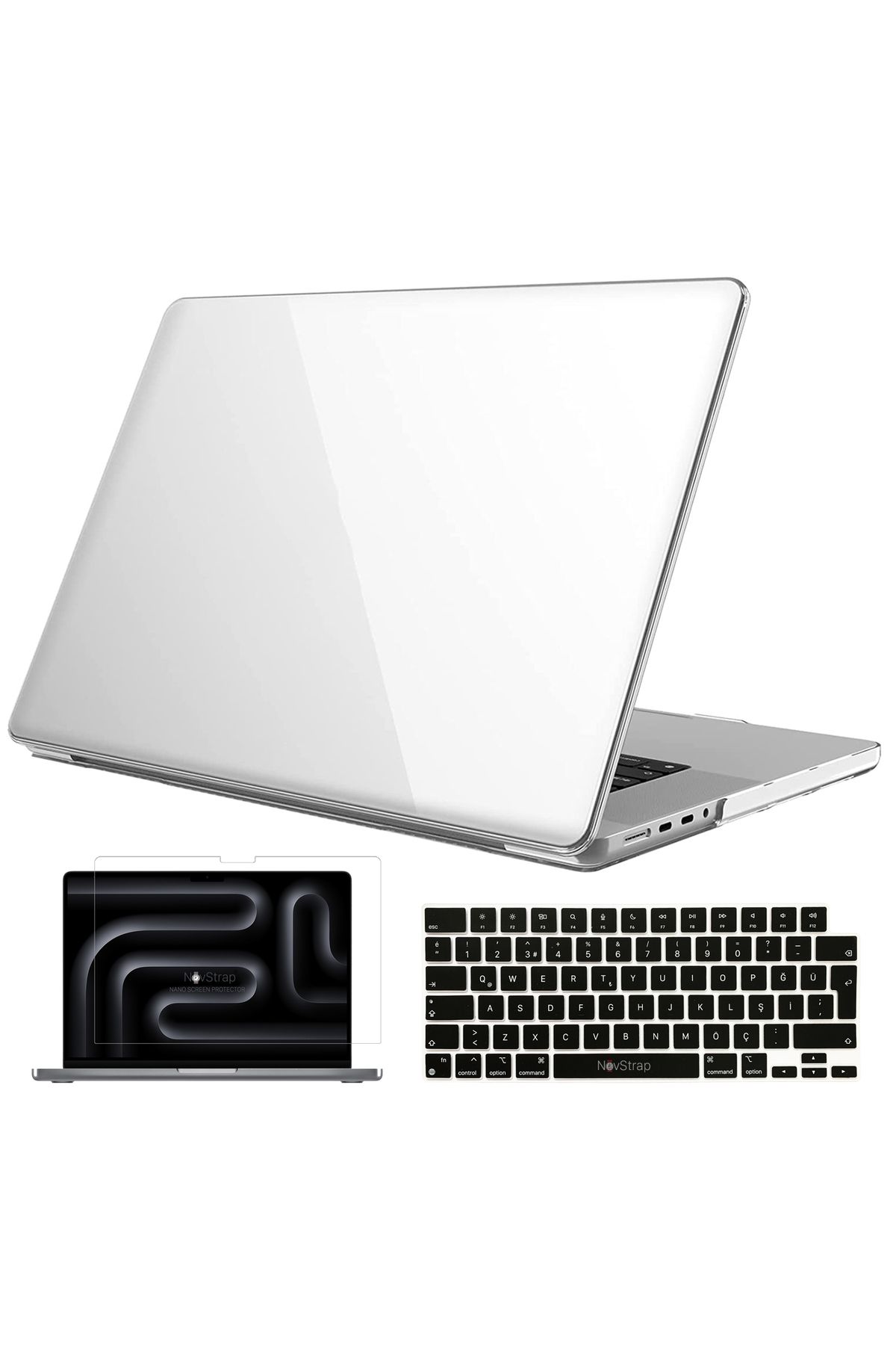 NovStrap Apple Macbook Pro 14 inç M3 A2992 A2918 ile Uyumlu Parlak Kılıf + Siyah Klavye Kılıfı +Film