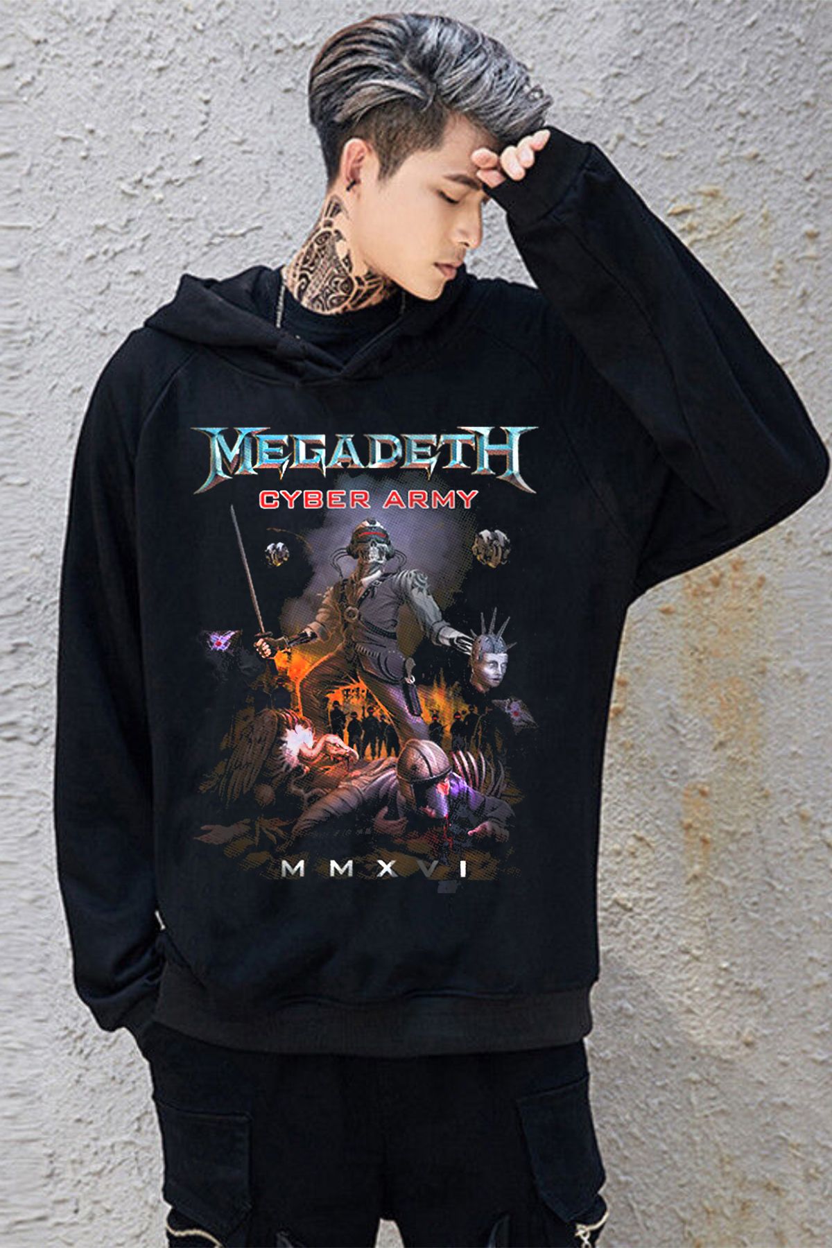 Freak Tshirt Siyah Renk Megadeth Cyber Army Baskılı Unisex Kapüşonlu Sweatshirt