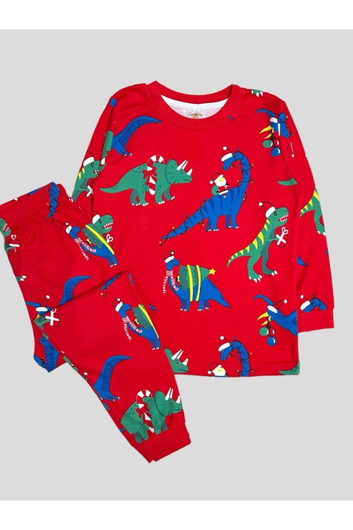 elmas kids Kız Çocuk %100 Pamuklu Yeni Yıl Temalı Dinozor Desenli Pijama Takımı
