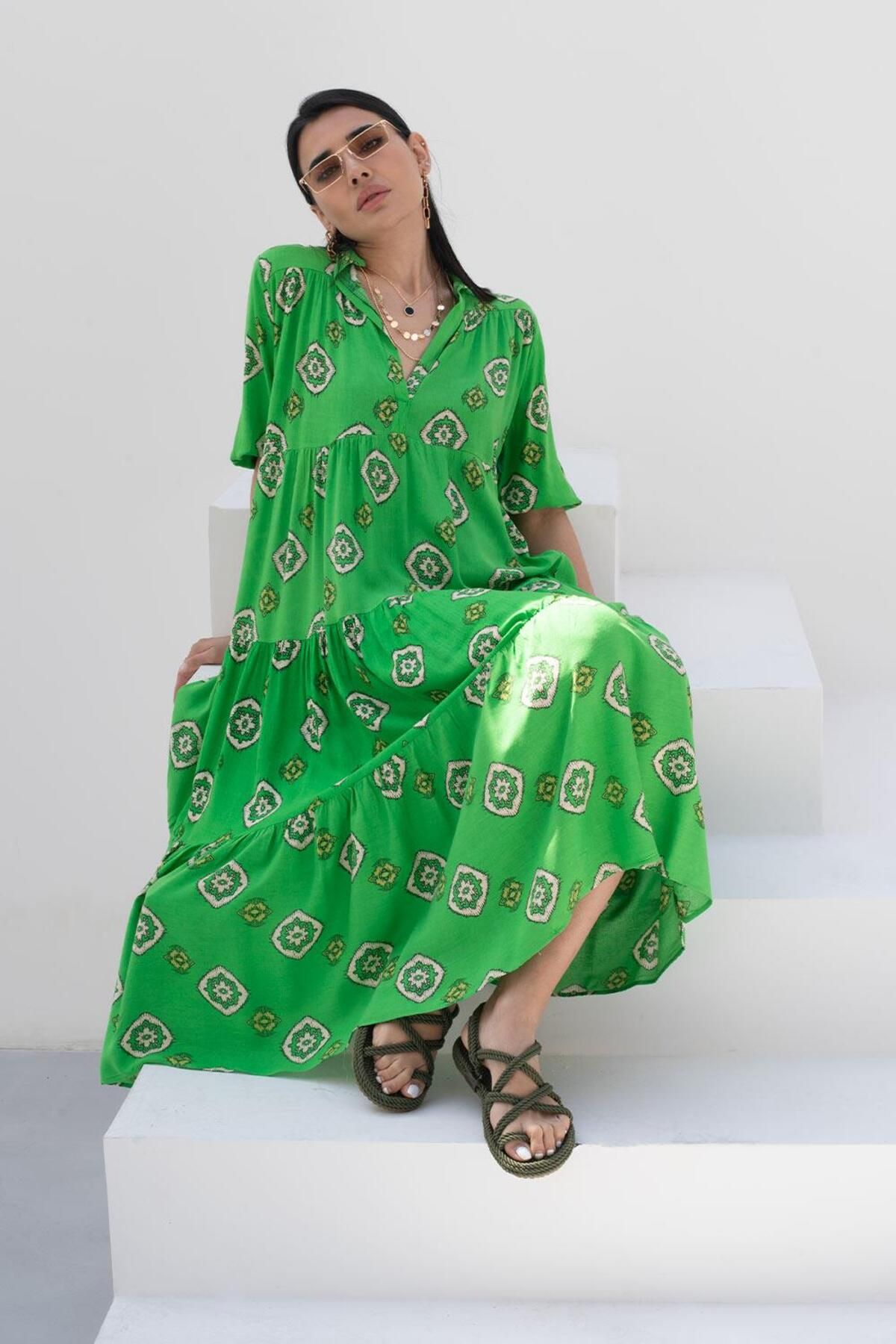 PRANGA Kadın Yeşil Desenli Elbise