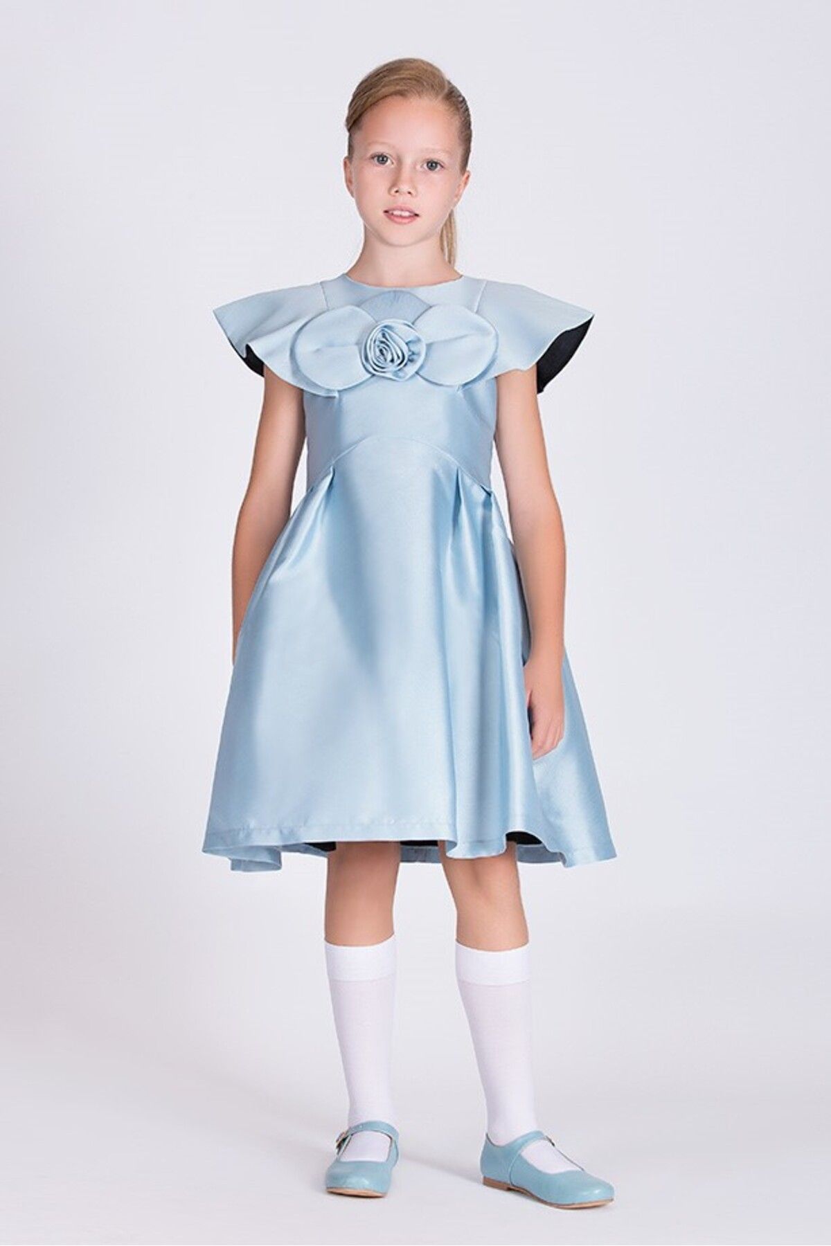 Goose Kız Çocuk 3D Gül Detaylı Çiçek Baskılı Bebe Mavisi Elbise