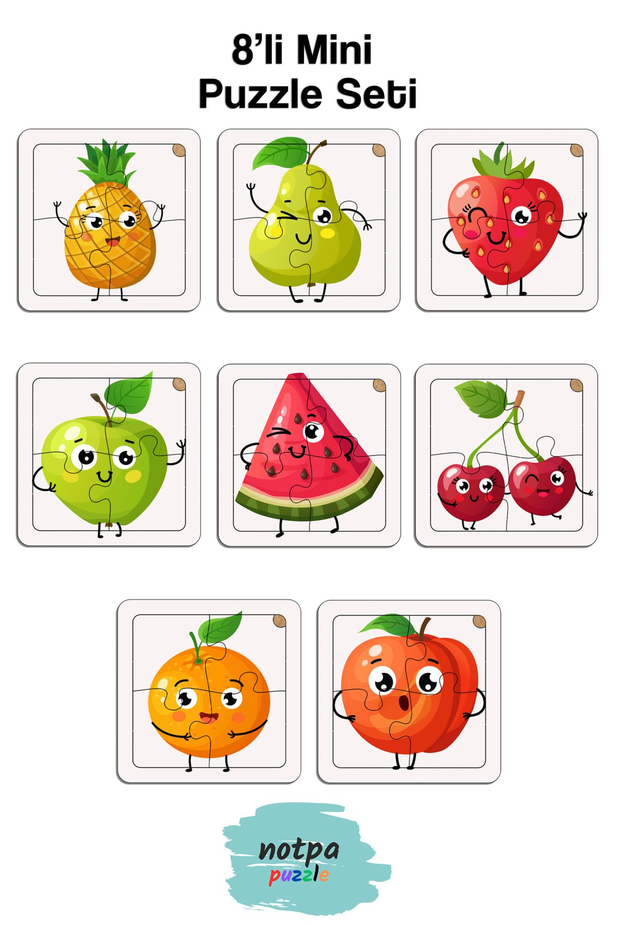 kutuTR Notpa Çocuklar Için Eğitici Ve Öğretici Ahşap 8 li 4 Parçalı Meyveler Mini Puzzle Set 8'li Set 3