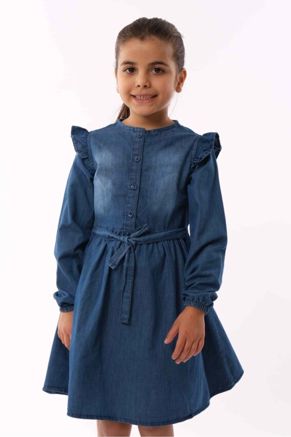 DIDuStore Varol Kids Volanlı Kol Detaylı Kız Çocuk Jean Elbise