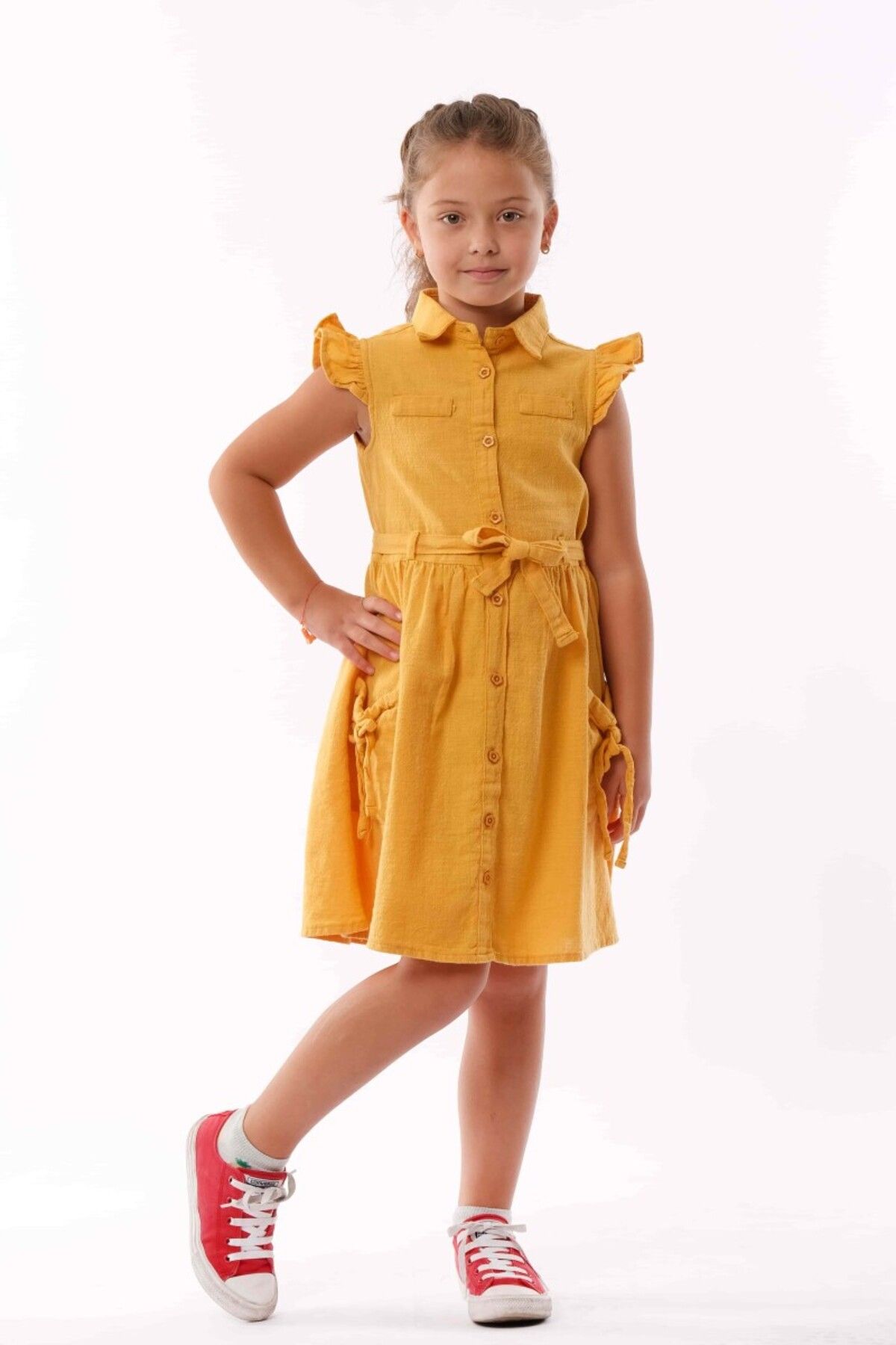 DIDuStore Varol Kids Sarı Cep Detaylı ve Kemerli Şirin Kız Çocuk Elbisesi