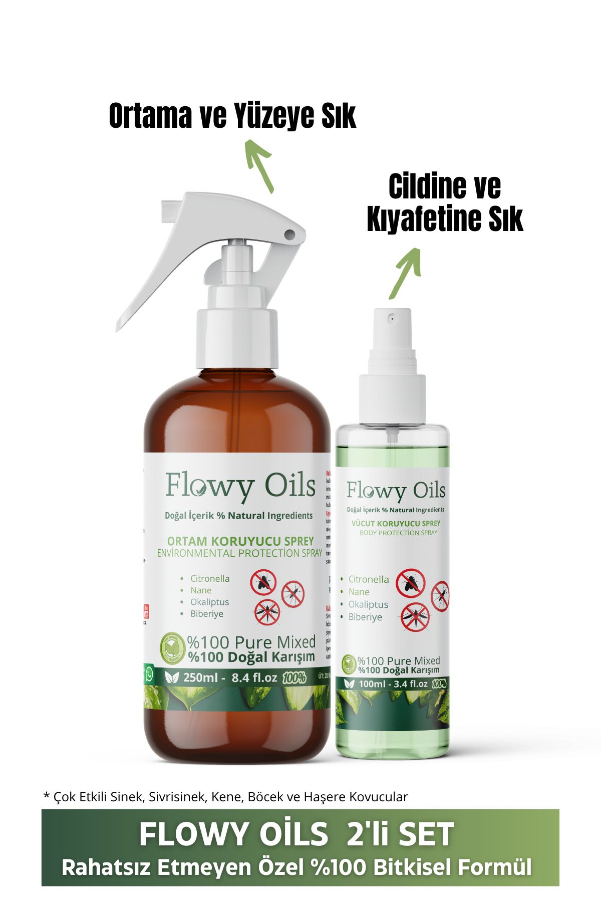 Flowy Oils Sivrisinek Ve Kene Kovucu Spreyler 2'li Set %100 Doğal Bitkisel Içerik Haşere Böcek Kovucu