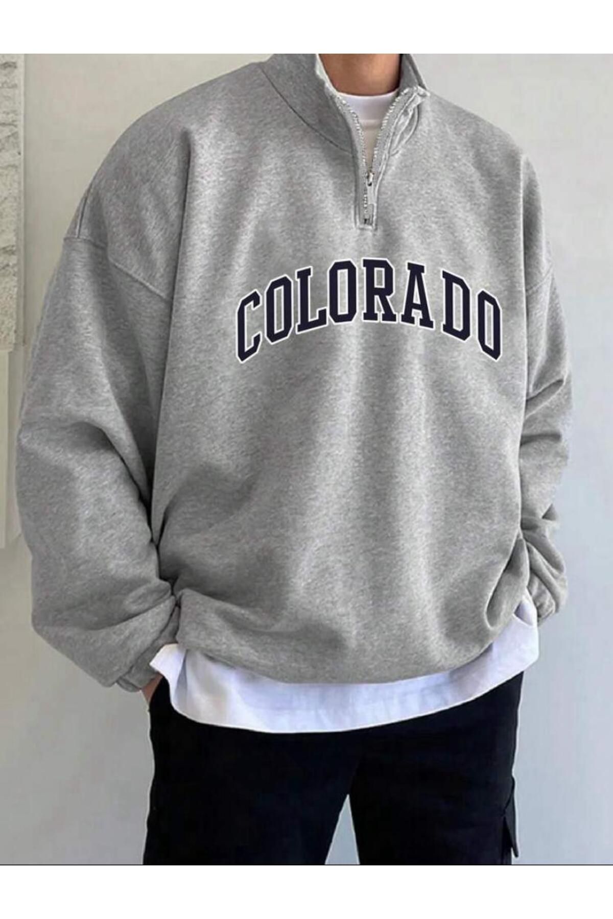 SELENA BUTİK Unisex Yarım Fermuarlı Yakalı Gri Colorado Sweatshirt