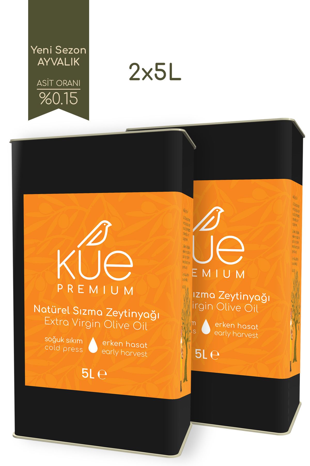 KUE OLIVE OIL 2023-2024 sezonu 2X5 LT Uluslararası Ödüllü Premium Erken Hasat Soğuk Sıkım Natürel Sızma Zeytinyağı