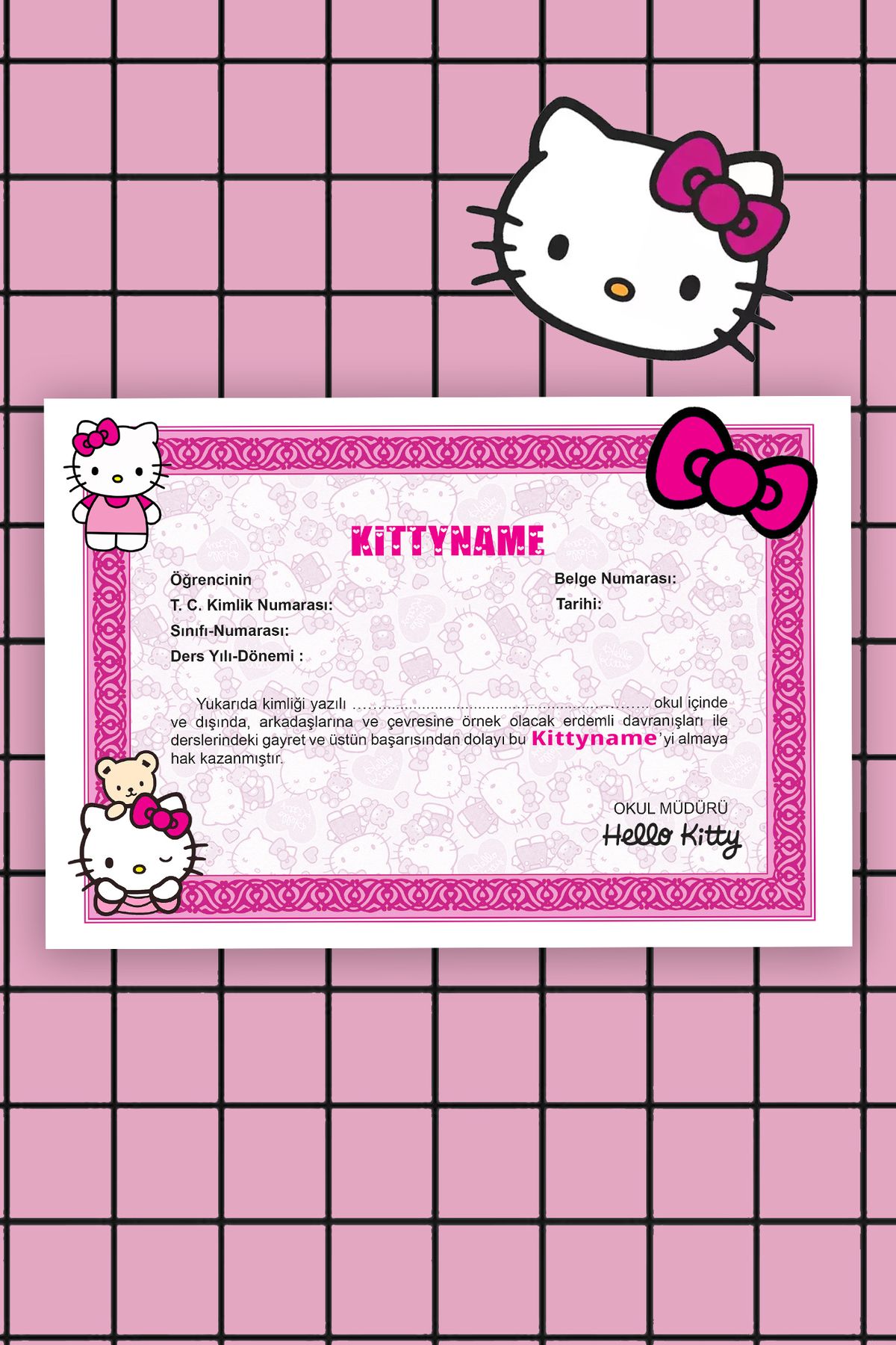 Pankart Evi Kittyname Hello Kitty Kişiselleştirilebilir Takdir Belgesi