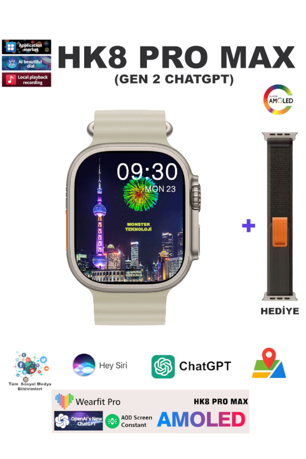 Wearfitpro HK8 Pro Max Chat GPT Destekli Amoled 2.2 Ekran Kordon Kilitli 49 mm Watch 8 Ultra Max Akıllı Saat v2
