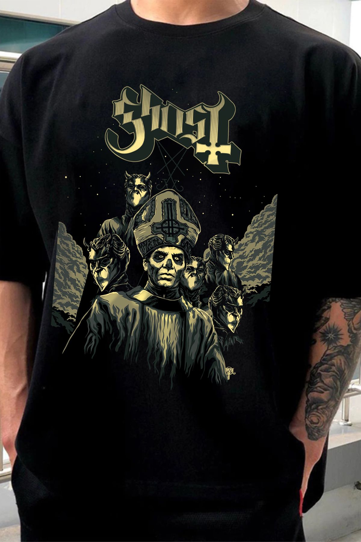 Freak Tshirt Siyah Renk Ghost Renkli Baskılı Unisex oversize Kesim Metal-Rock T-shirt