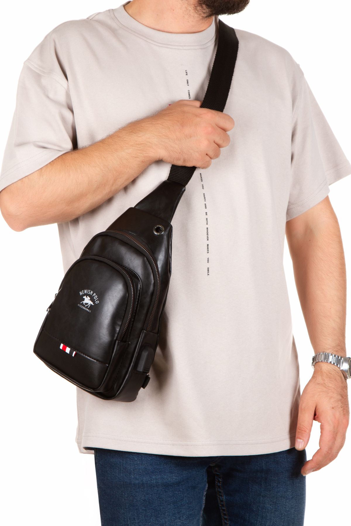 Newish Polo Unisex Deri Çapraz Askılı Çanta Göğüs Çanta Çift Yönlü Omuz Çanta Kulaklık Çıkışlı Bodybag Günlük