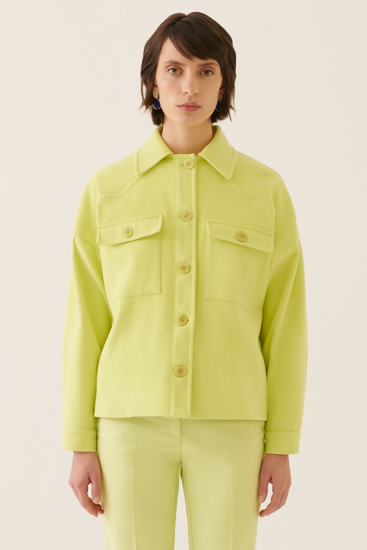 Perspective Anton Rahat Kalıp Gömlek Yaka Standart Boy Misket Limonu Renk Kadın Ceket