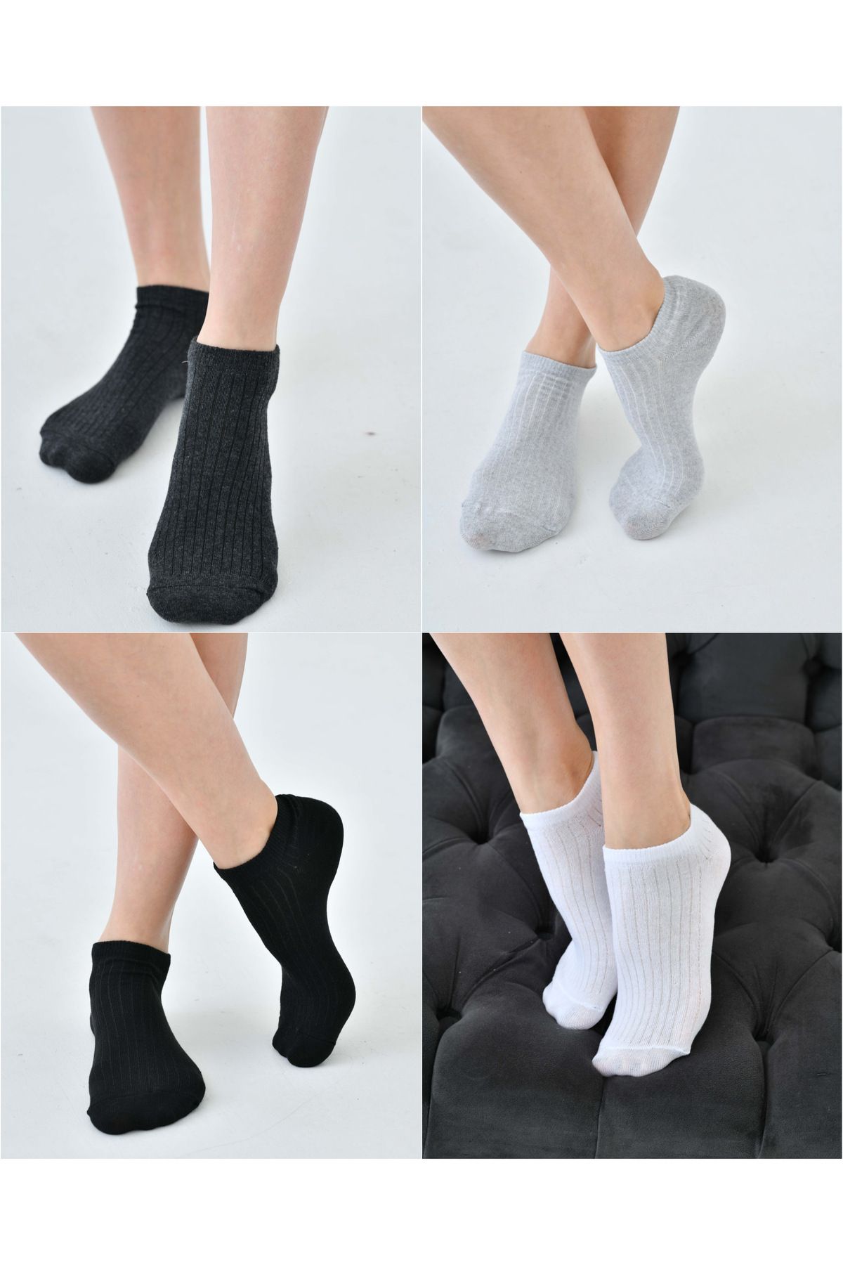 mirach 4’lü Set Derbili Kısa Patik Bilek Boy Çorap Gri Füme Beyaz Siyah Ekonomik Çizgili Pamuklu Esnek