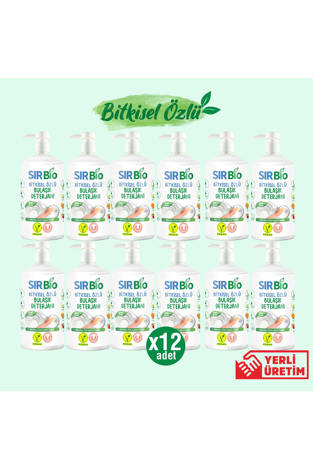 SIR Bio Bitkisel Özlü Elde Bulaşık Deterjanı 1000 ml Pompalı Şişe 12'li