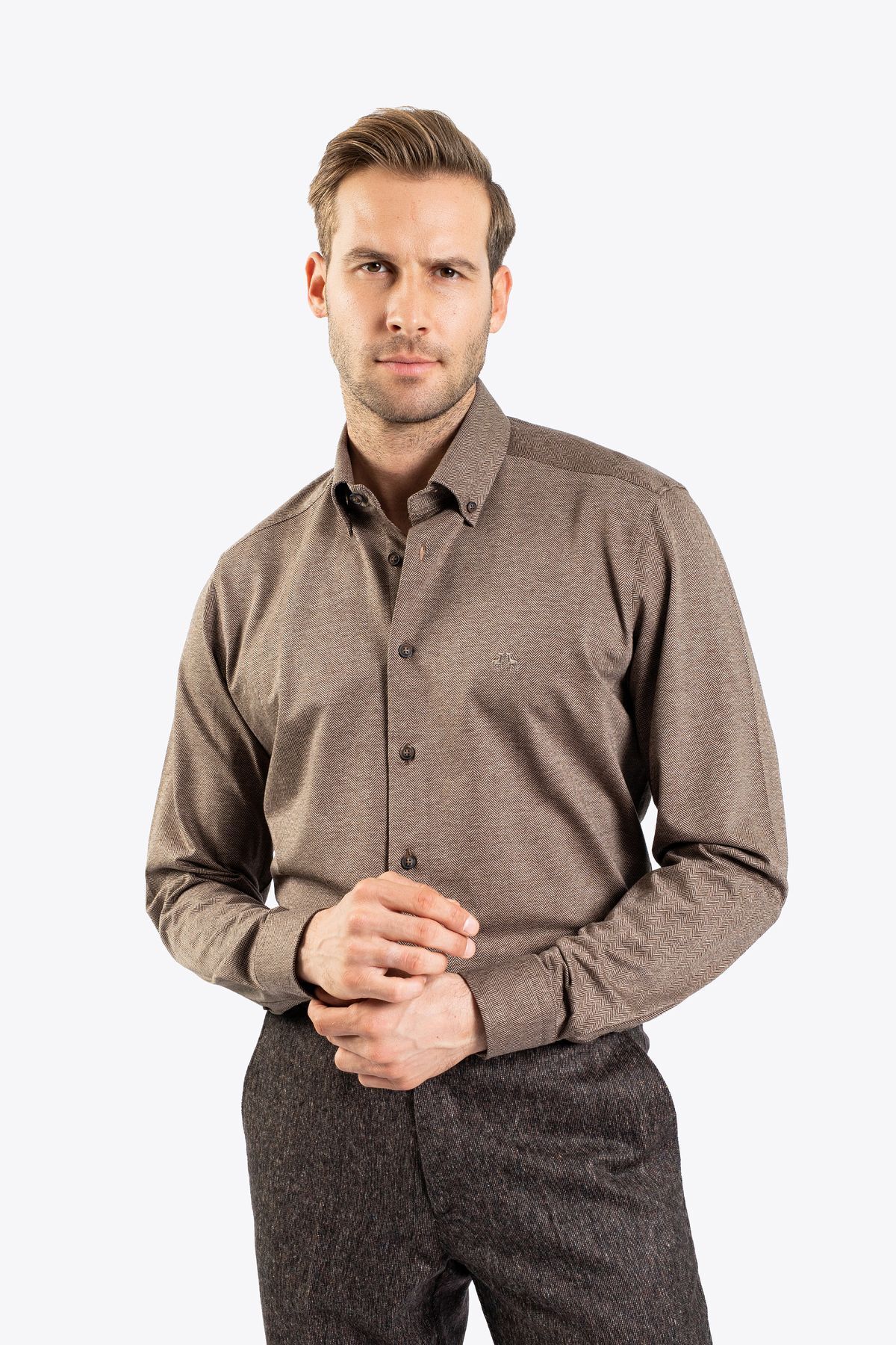 Karaca Erkek Modern Fıt Gömlek-Kahverengi