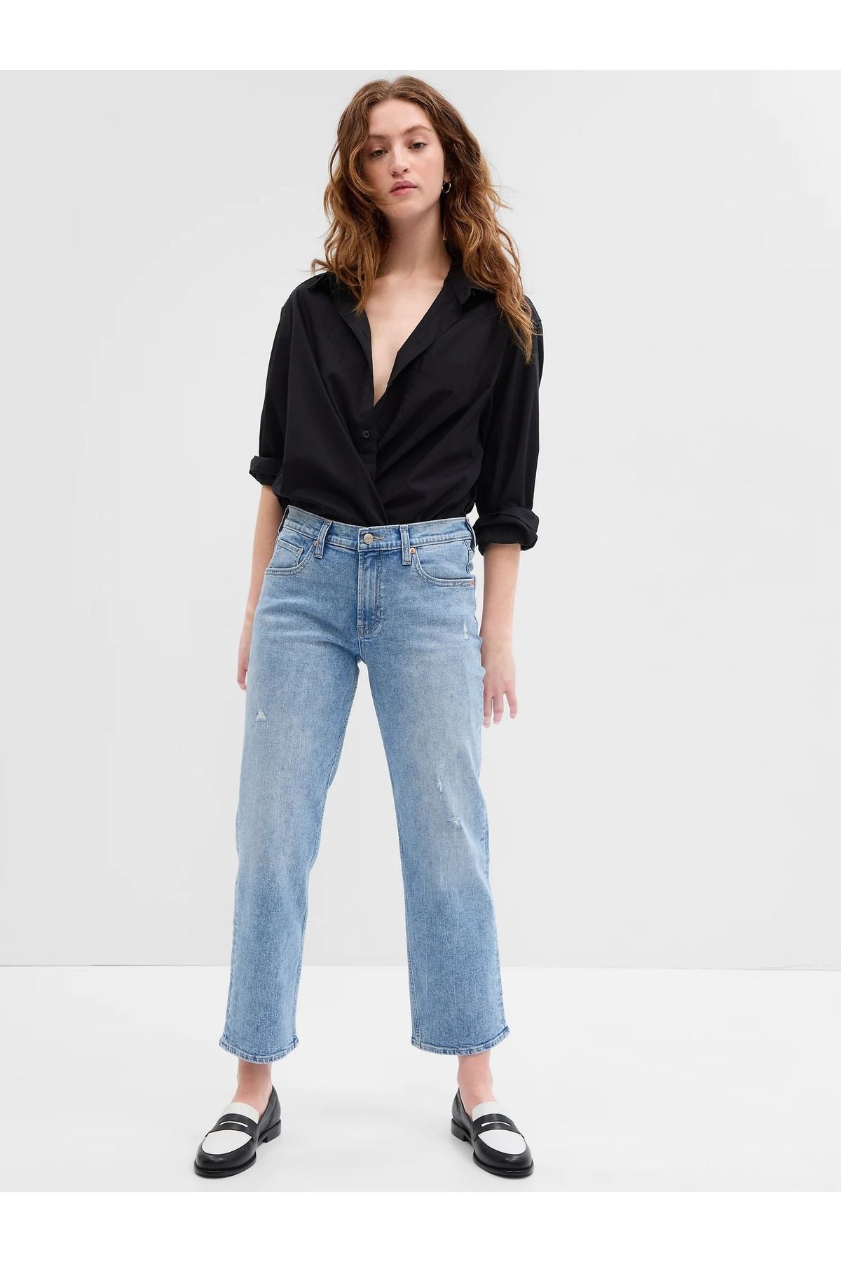 GAP Kadın Açık Mavi Low Rise Distressed Straight Crop Washwell™ Jean Pantolon