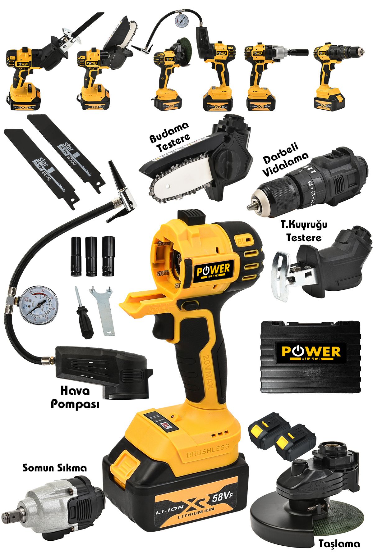 POWER BLACK 6 Lı Pro Set Şarjlı Matkap Taşlama Testere Tilki Kuyruğu Havalı Pompa Somun Sökme Sarı