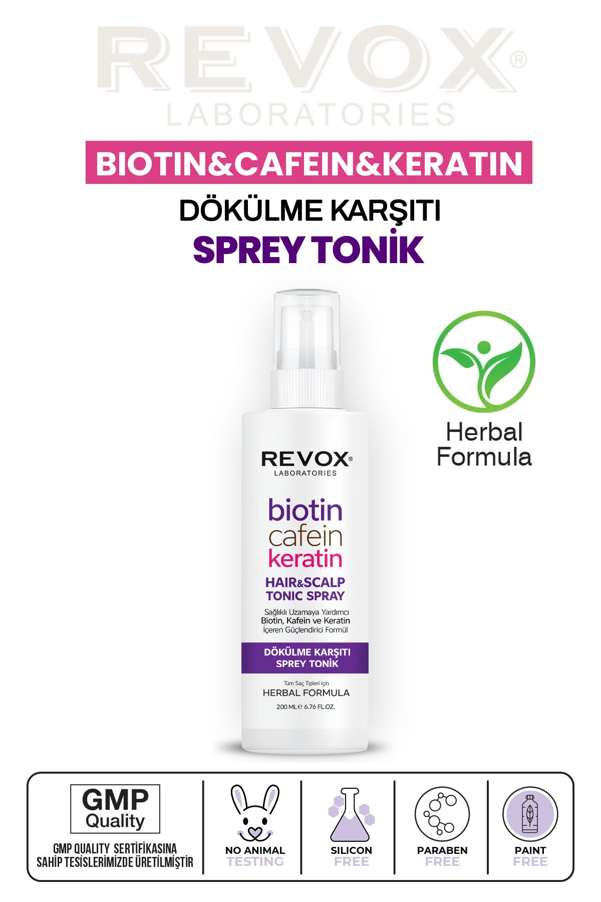 Revox Biotin, Kafein ve Keratin İçeren Saç Dökülme Karşıtı Sağlıklı Uzamaya Yardımcı Sprey Tonik 200 ml.