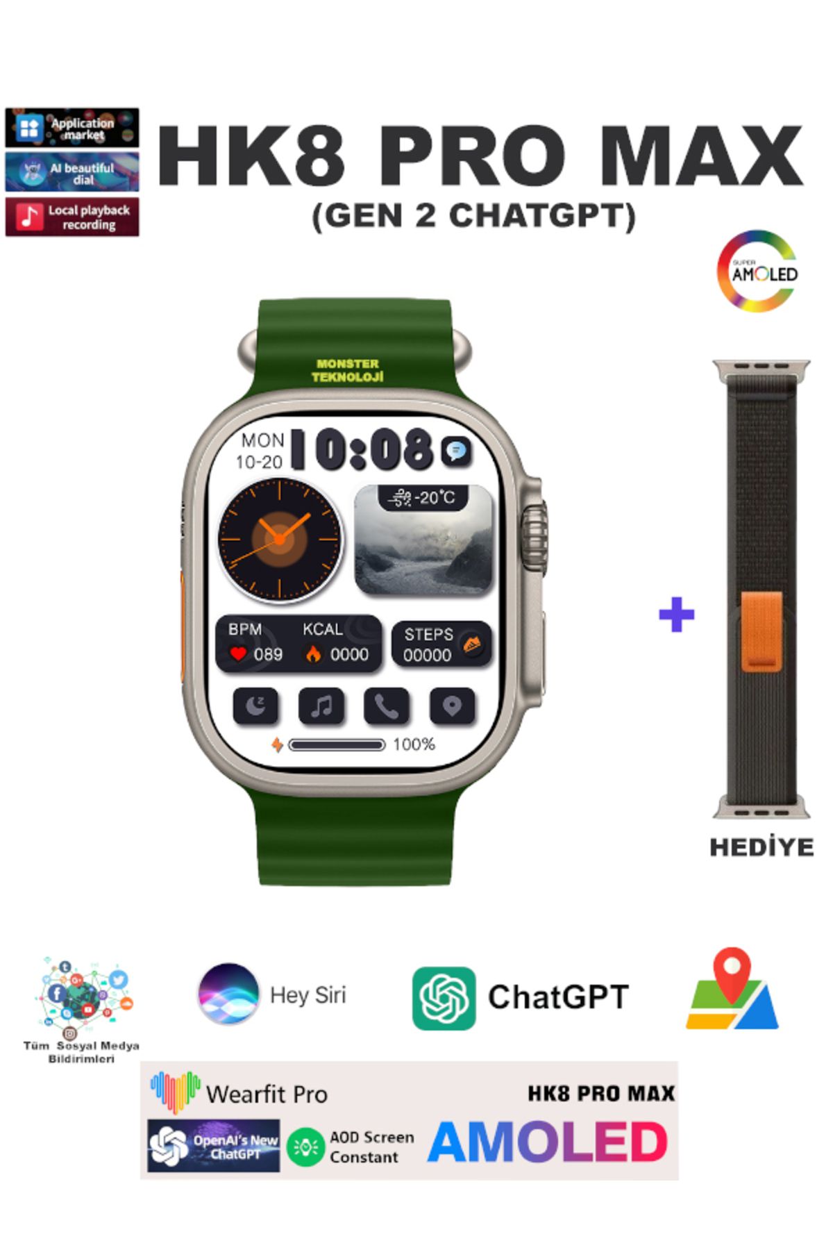 Wearfitpro HK8 Pro Max Chat GPT Destekli Amoled 2.2 Ekran Kordon Kilitli 49 mm Watch 8 Ultra Max Akıllı Saat v2