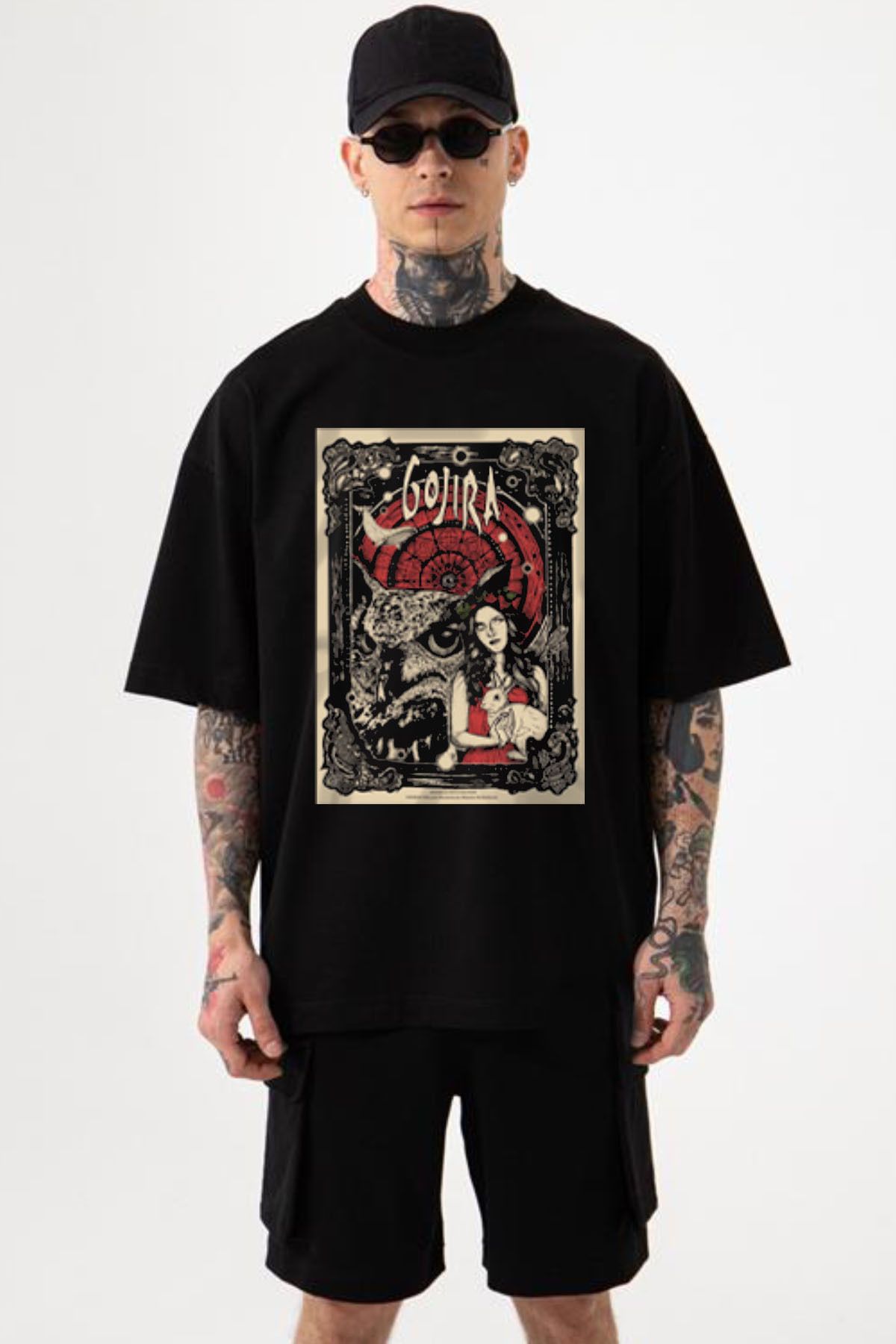 Freak Tshirt Siyah Renk Gojira Renkli Baskılı Unisex oversize Kesim Metal-Rock T-shirt