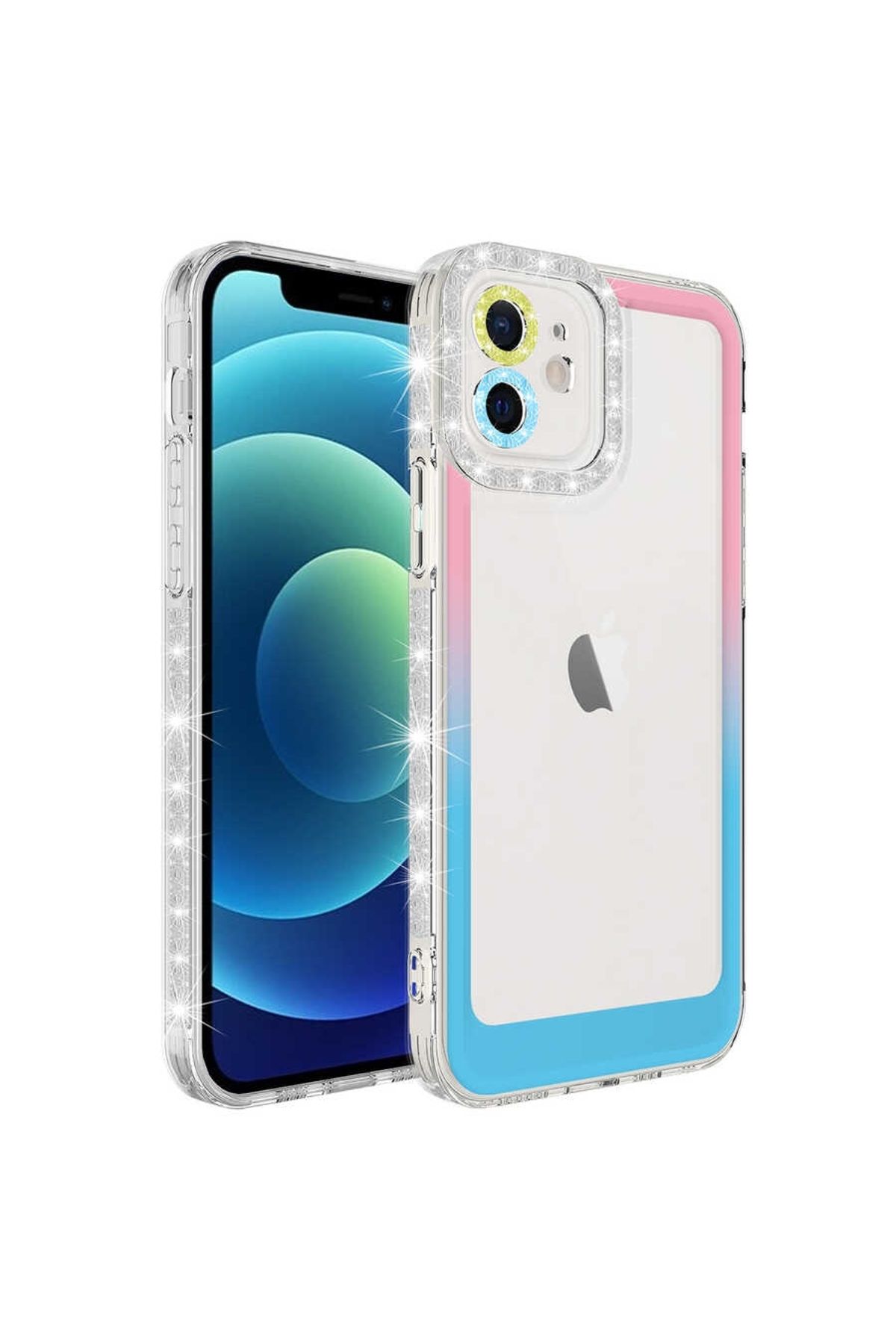 Lopard Apple iPhone 12 Kılıf Simli ve Renk Geçiş Tasarımlı Lens Korumalı Lopard Park Kapak