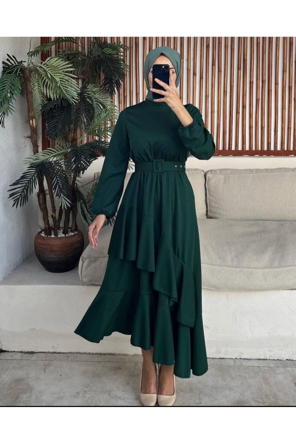 PIRLANTA GİYİM Kadın Yeşil Etek Fırfırlı Krep Elbise - 291