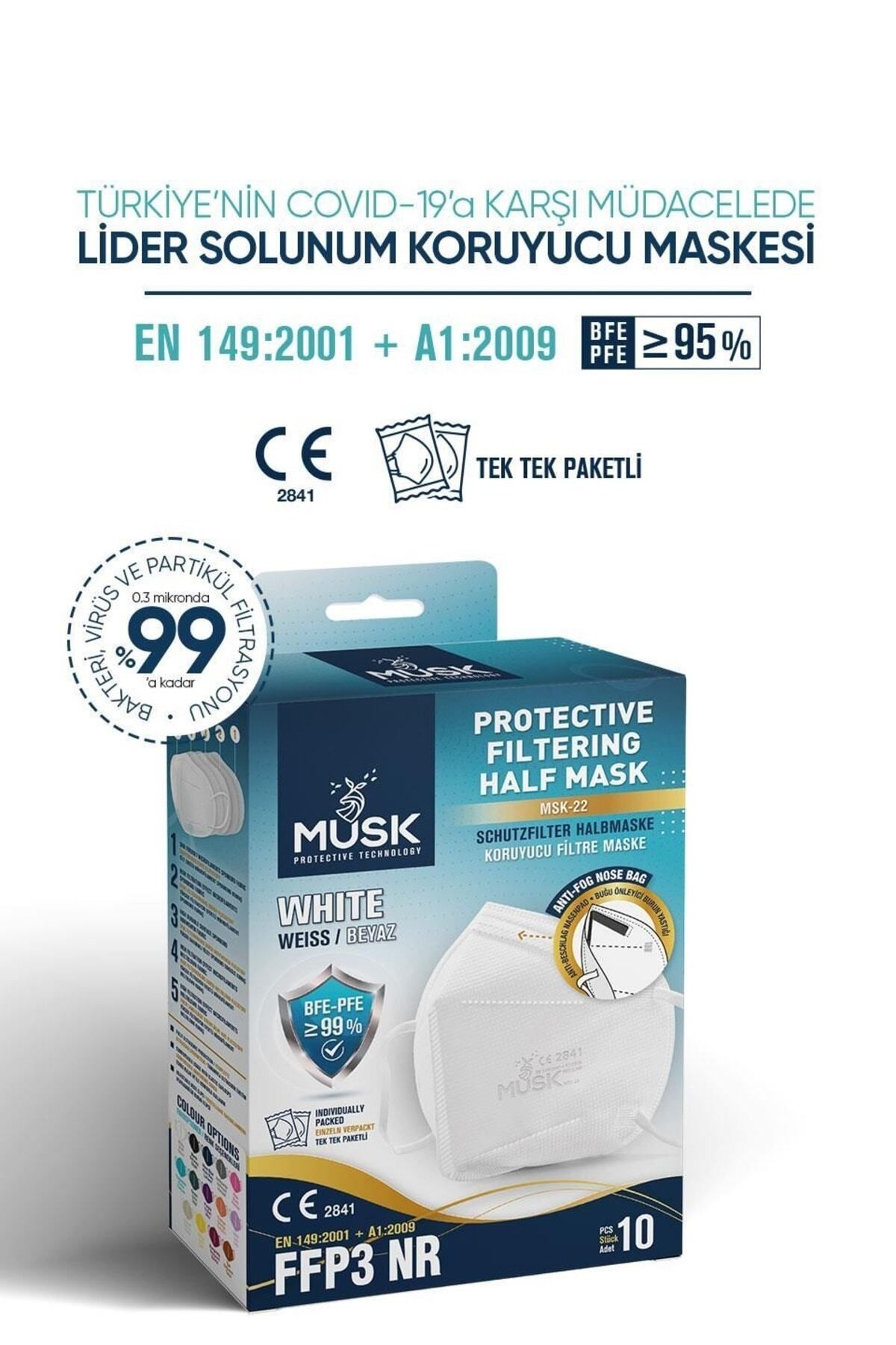 Musk Ffp3 Maske N99 Beyaz Renk 10 Adet