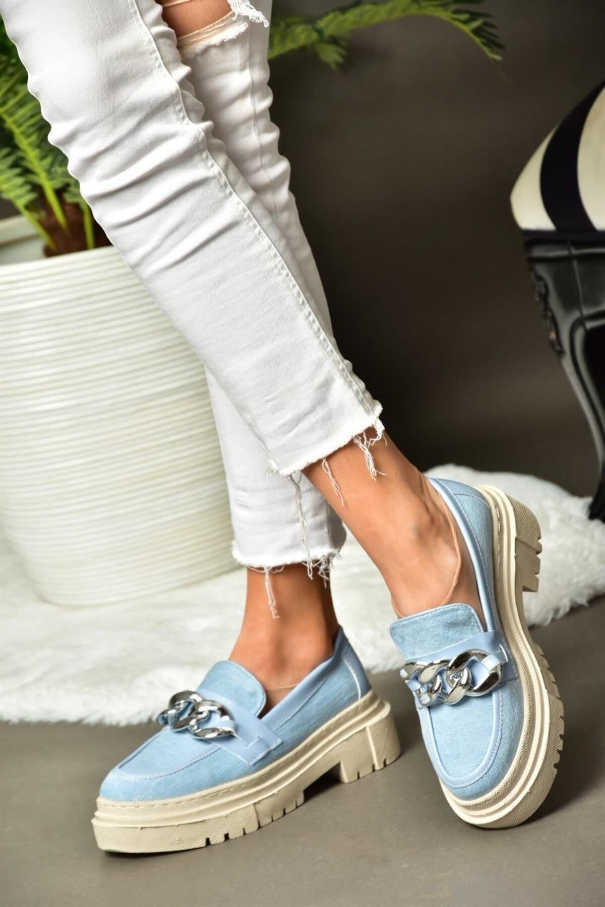 Fox Shoes K294760010 Mavi Kot Kumaş Kalın Tabanlı Günlük Kadın Ayakkabı