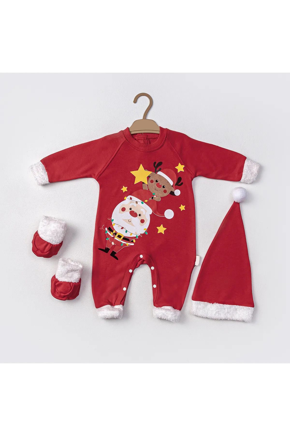 PODIUM GYM Bebek Yeni Sezon Yılbaşı Temalı Noel Baba Baskılı Patik Ve Şapkalı 3 Lü Set Tulum